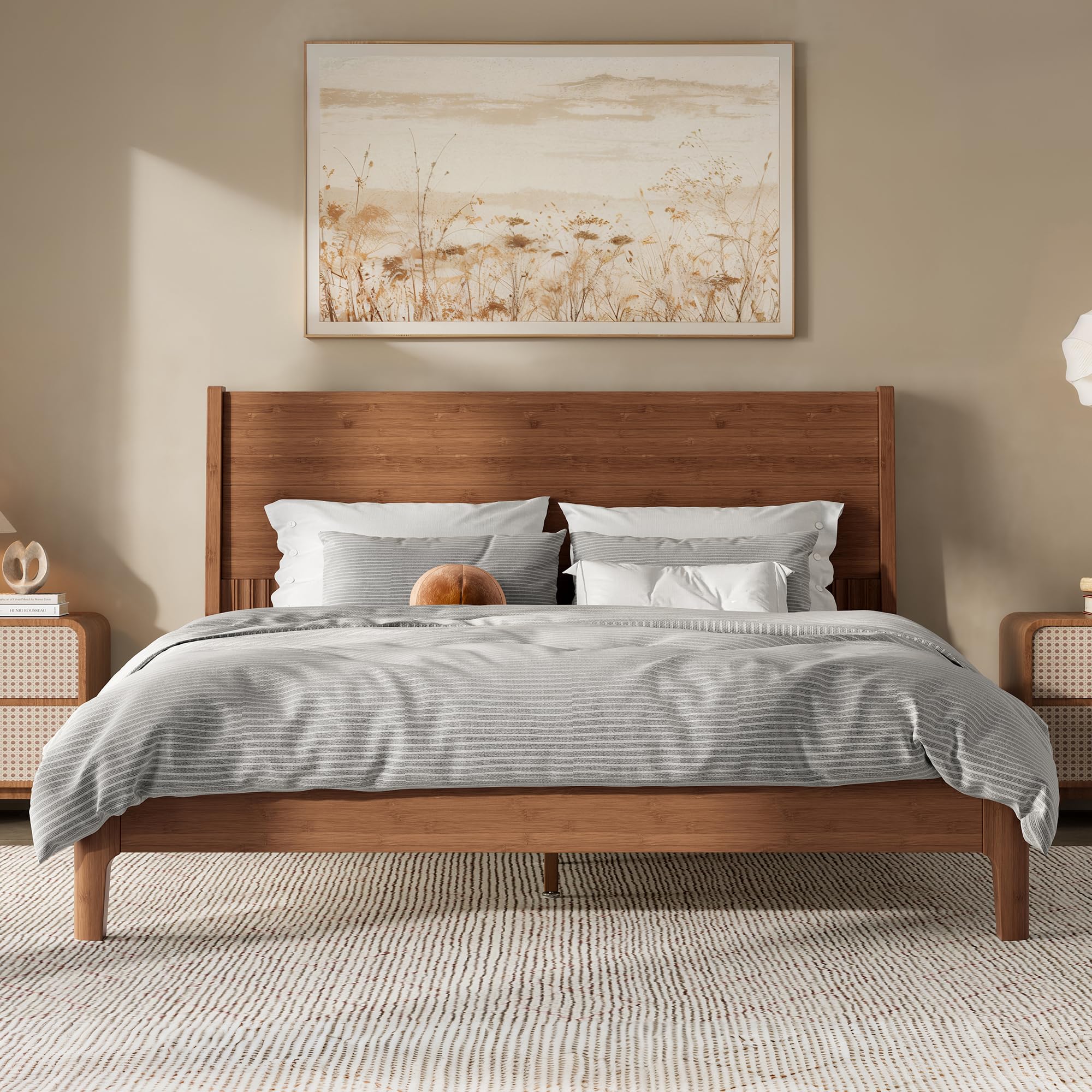 Bellemave Queen Size Bamboo Bed Frame with Headboard,Bamboo Platform Bed Frame Queen Size with Tall Headboard and Wood Slats,Easy Assembly,Warm Brown