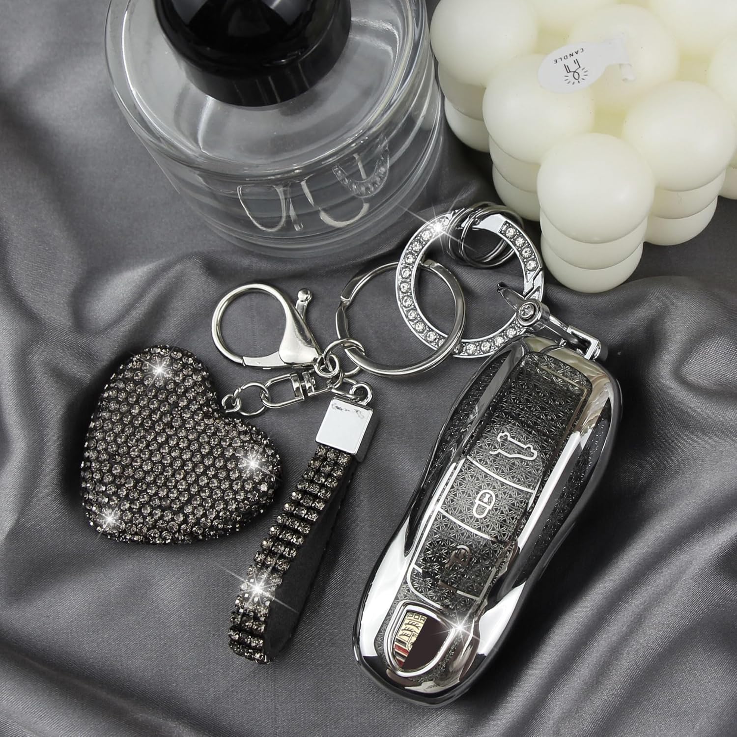 Key Fob Cover with Diamond Keychain Car Key Holder Compatible with Porsche Cayenne Panamera 911 718 Macan Boxster Cayman Protector for Women, 3 Buttons (Black-Heart) - Image 4