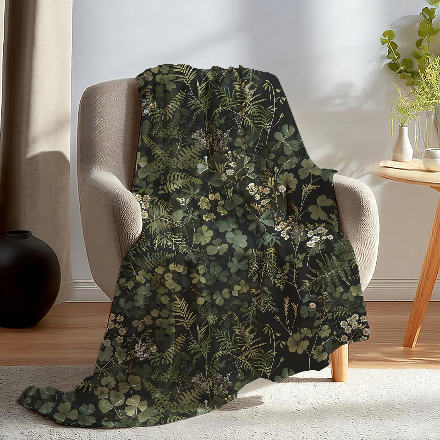 Dark Green Botanical Blanket, Vintage Nature Fern Leaf Clover Herb Plant Wildflower Throw Blanket for Home Living Room Bedroom Couch Bed Decor, Cottage Core Decor, 50x60 Inches - Image 5