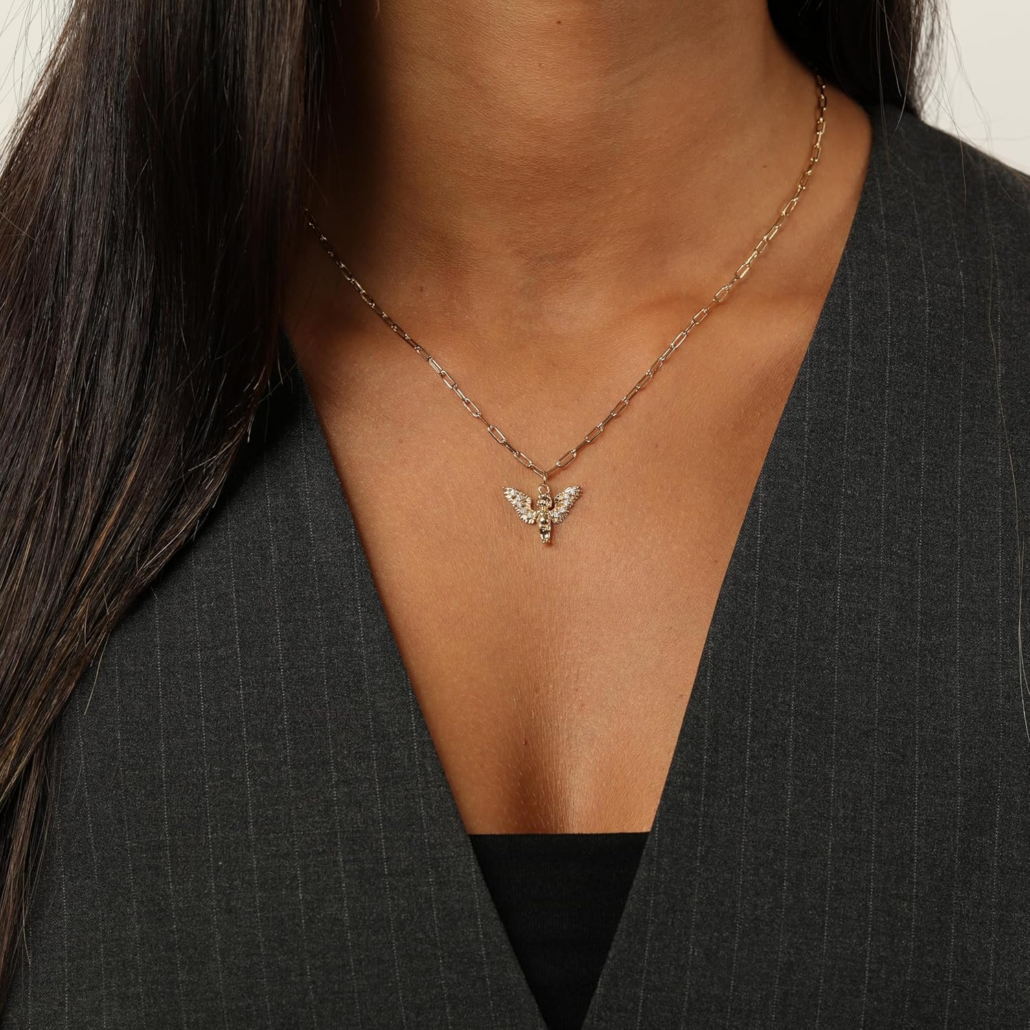 Lavari Jewelers 1/10 Carat Lab Grown Diamond Angel Pendant for Women I 925 Sterling Silver w 18k Yellow Gold Plating Pendant Necklace for Her I 18 Inch Paperclip Link Chain with Lobster Claw Clasp - Image 2