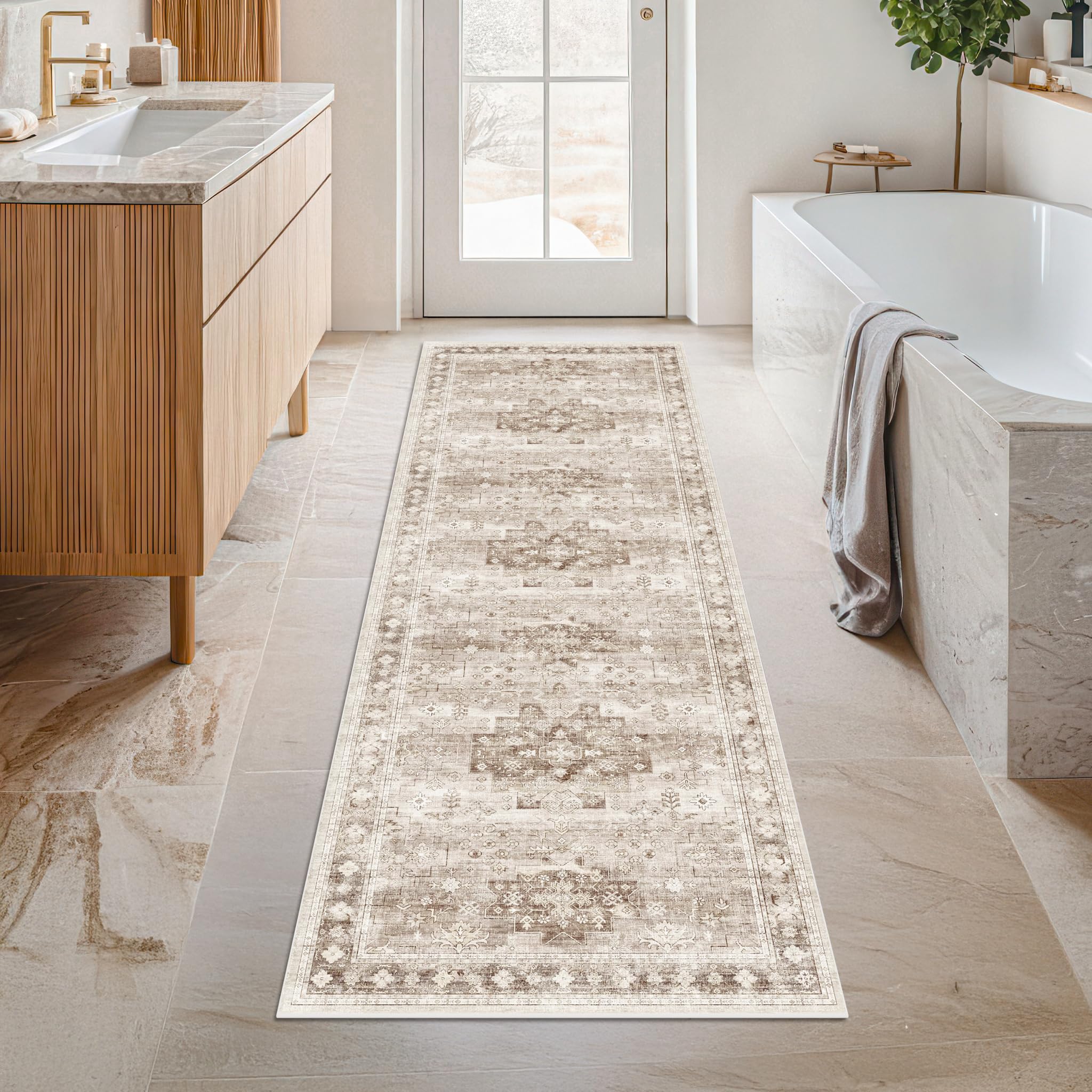Hazo Haus Boho Long Bathroom Runner Rug 24 x 72 Washable Non Slip - Soft Stain Reistant Rugs for Kitchen, Laundry Room, Hallway Runner - Neutral Floral Design Décor (2x6 Beige/Latte) — image 1