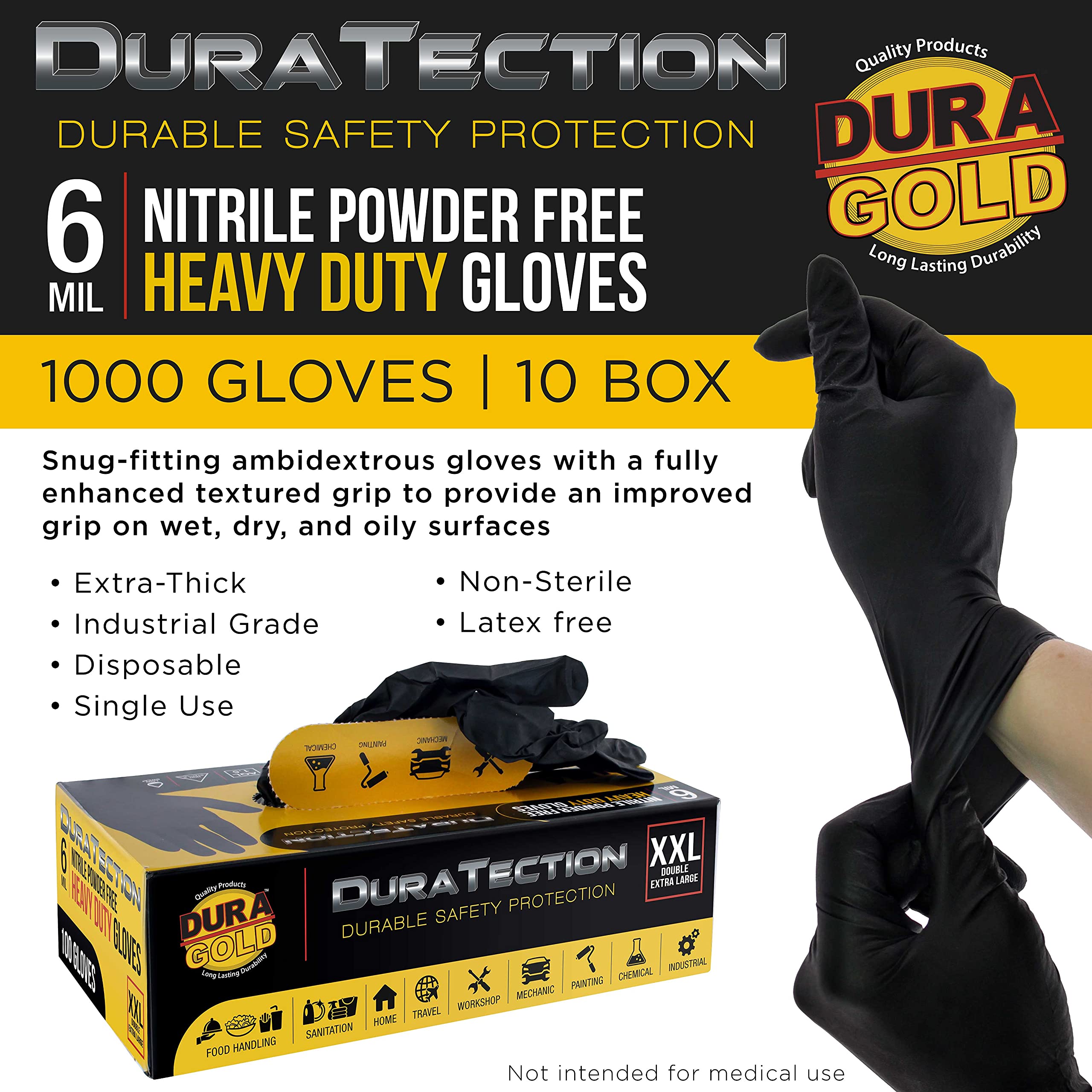 Dura-Gold Guantes desechables de nitrilo negro HD, 10 cajas de 100, tamaño XL, 6 mil, sin látex, sin polvo, agarre texturizado