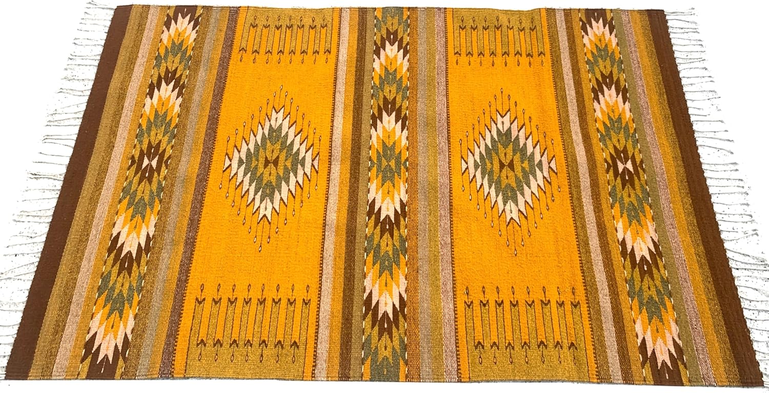 Zapotec Hand Woven Wool Rug, Gold Yellow Geometric Oaxaca Tapestry, Southwest Style Area Rug 39x61 Inches