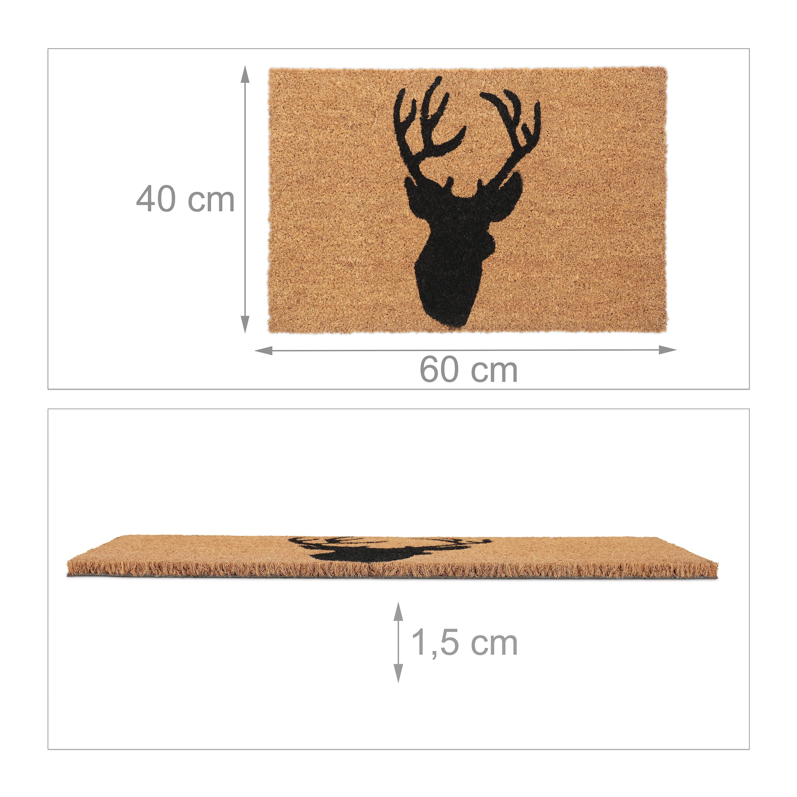 Relaxdays Zerbino da Ingresso in Cocco, Tappetino Antiscivolo con Cervo, 40x60 cm, per Interni e Esterni, Nero Naturale