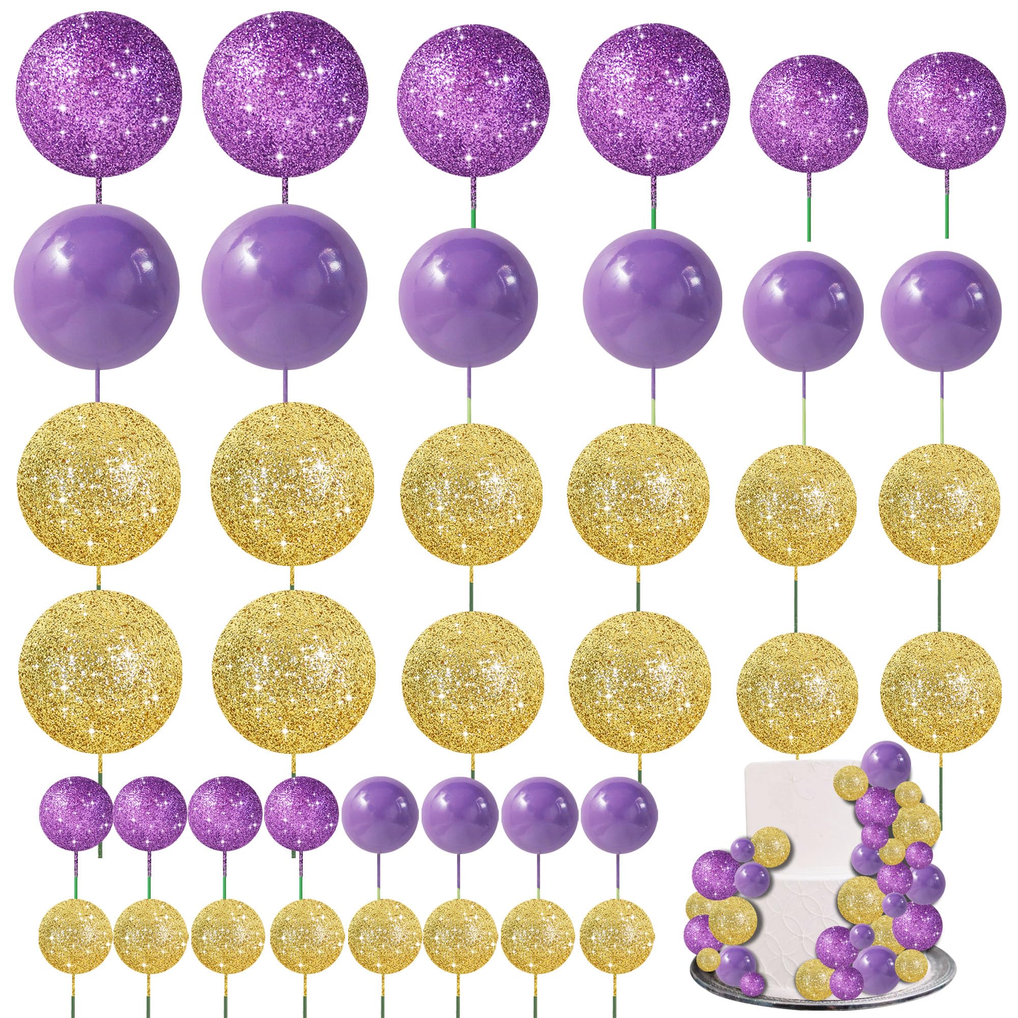 RIBBOOO 40 Pcs Ball Cake Toppers Insert Balls Cake Decorations Foam Balls Cake Toppers DIY Cake Ornament for Christmas Birthday Baking Graduation Anniversary and Wedding Party (Purple Gold) — image 1