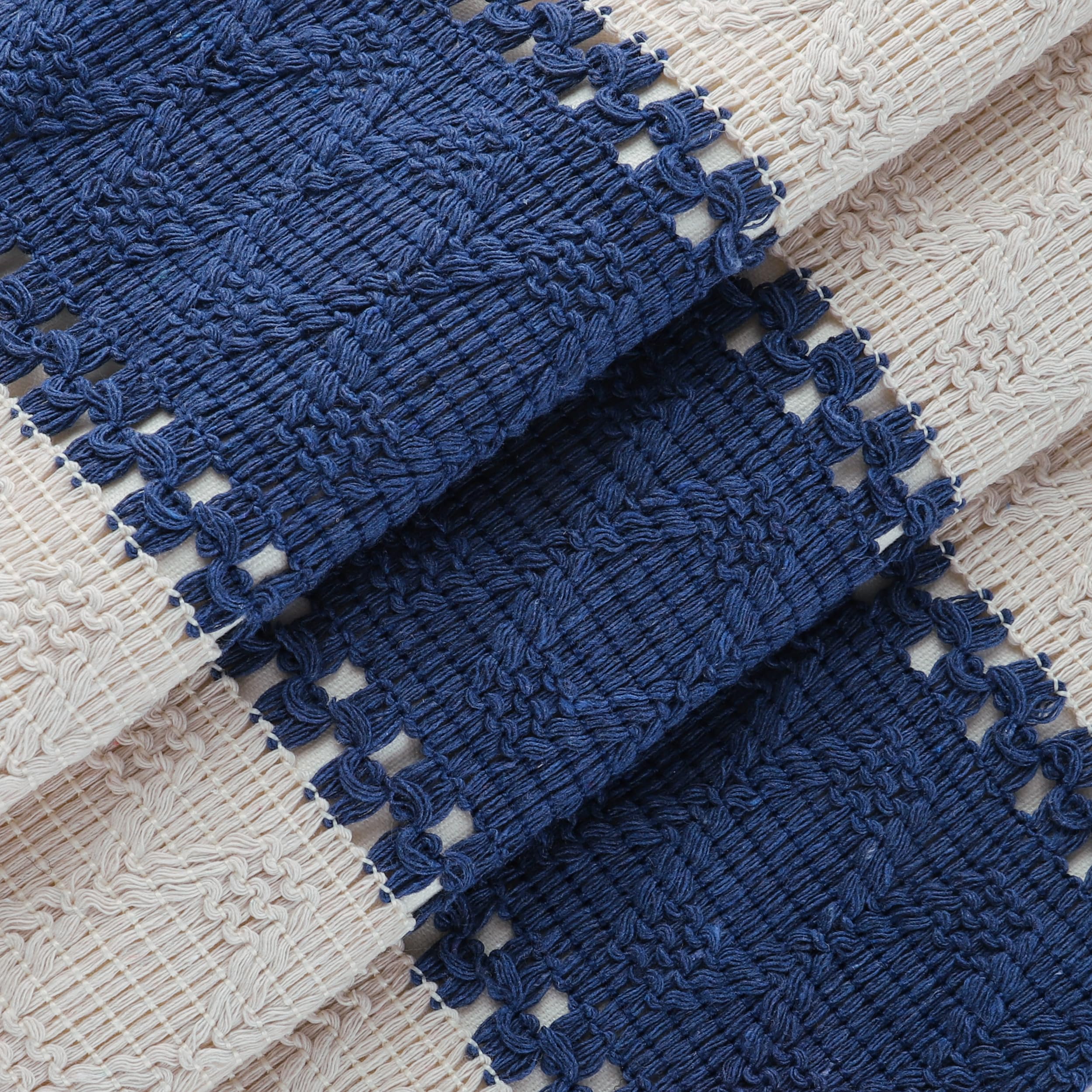 Tosleo Set di 2 federe per cuscini in stile bohémien, 50,8 x 50,8 cm, con nappe, blu navy, a righe neutre, con accento strutturato, moderno, per cuscini decorativi in stile bohémien
