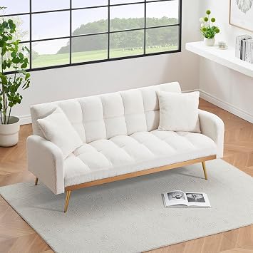 Eafurn Padded Convertible Futon Sofa Bed, Teddy Fleece Fabric Futons Loveseat Couch with Adjustable Backrest, Folding Sleeper Recliner Sofabed for Living Room Furniture | Golden Legs