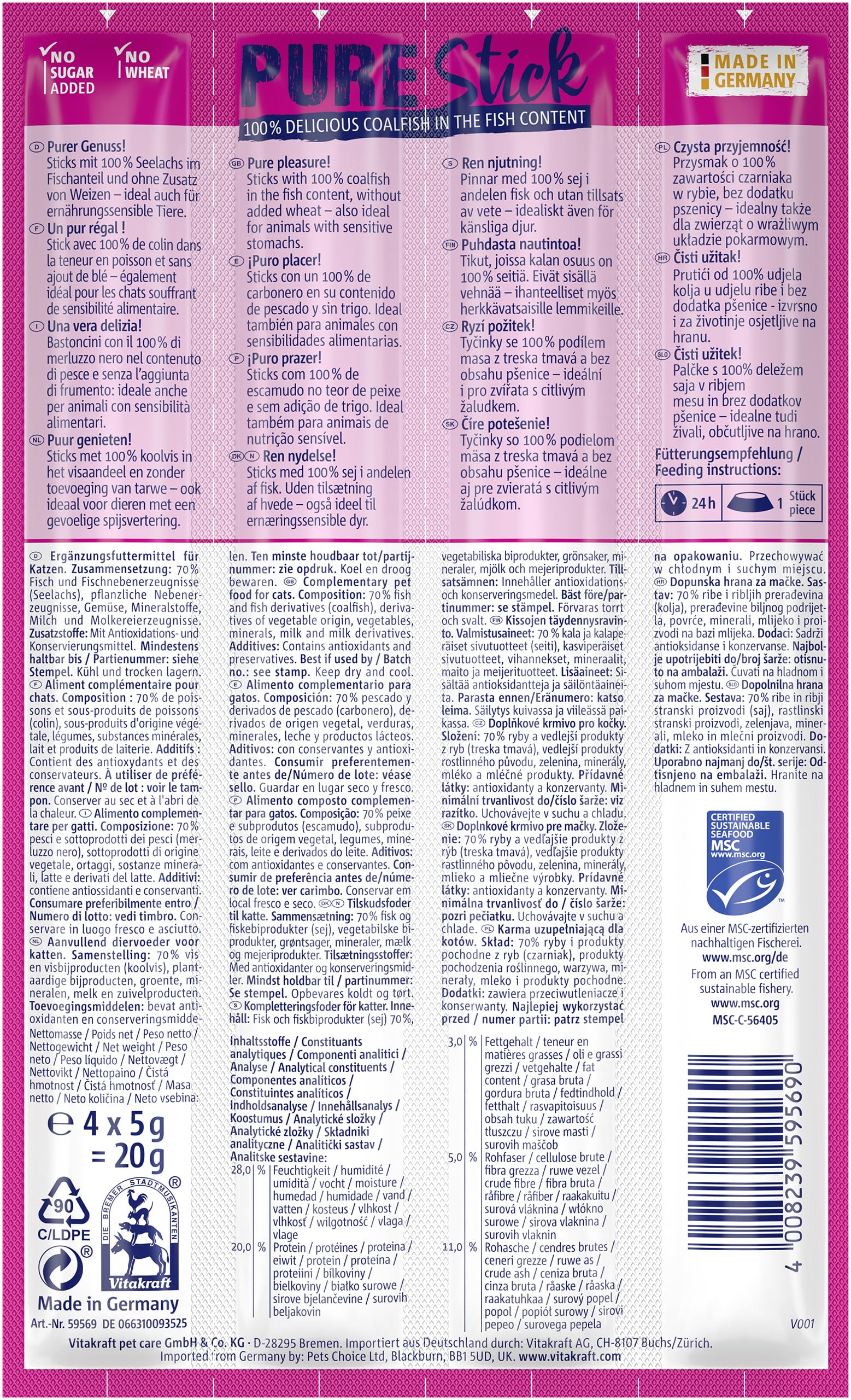 Vitakraft Pure Stick, Katzen Leckerli, fleischiger Stick, mit Seelachs, einzelne Sticks, auch für ernährungssensible Katzen, Vorratsgröße (20x 20g)