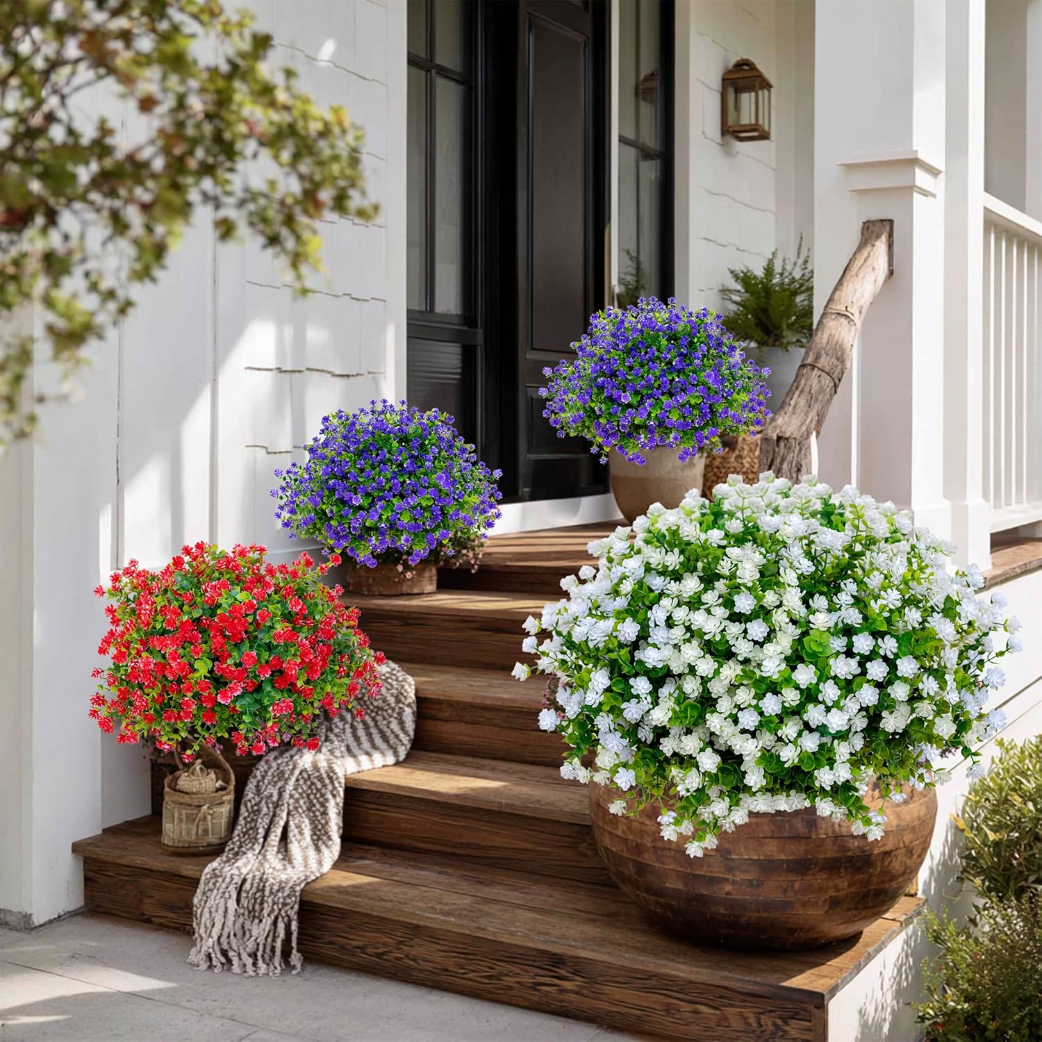 AXYLEX Artificial Flowers for Outdoors Fake Plants - 12 Bundles Faux Outside Greenery Boxwood No Fade Plastic Shrubs Fall Decor Farmhouse Home Garden (White)