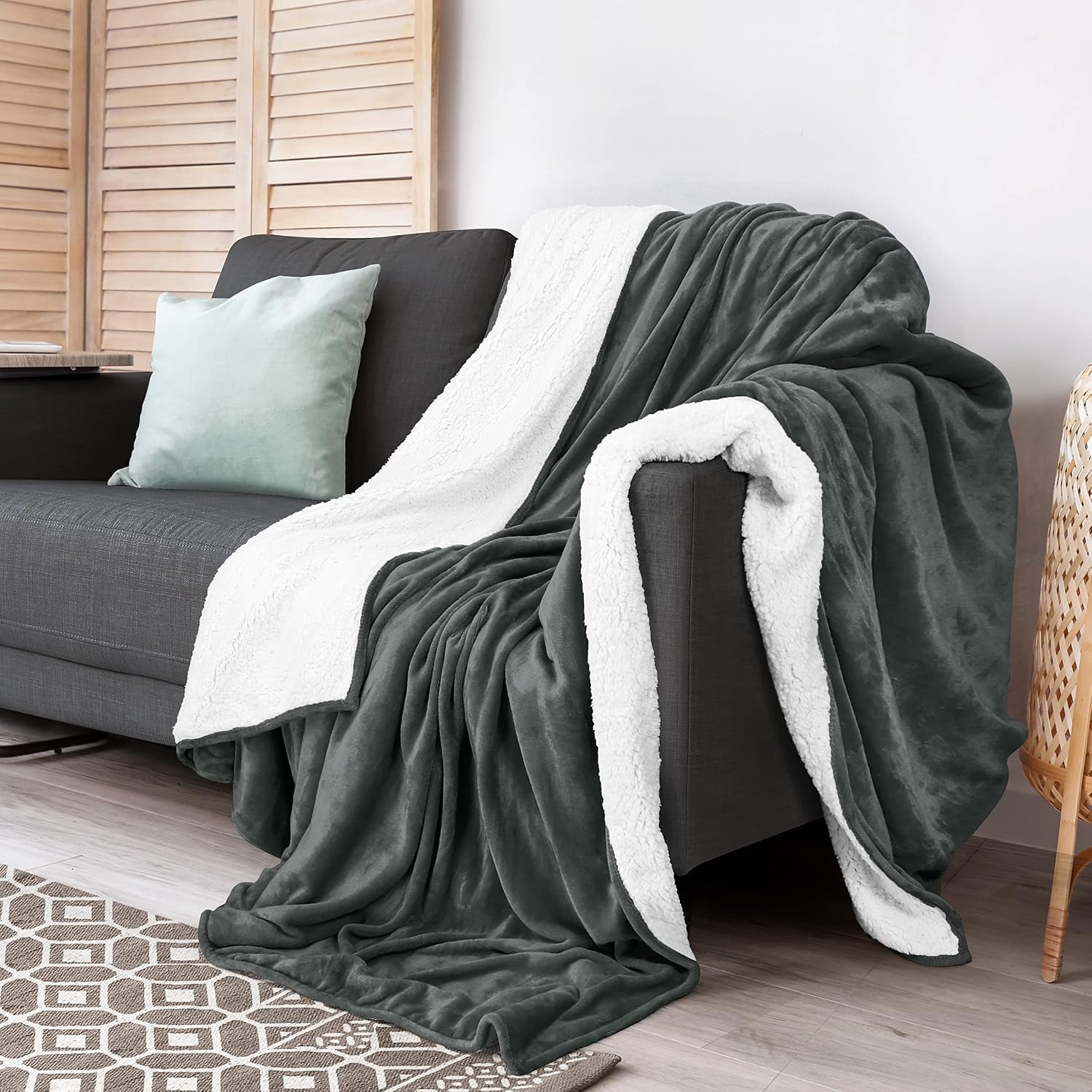 Utopia Bedding Sherpa Bed Blanket Throw Size Grey 480GSM Plush Blanket Fleece Reversible Blanket for Bed and Couch (60x50 Inches)