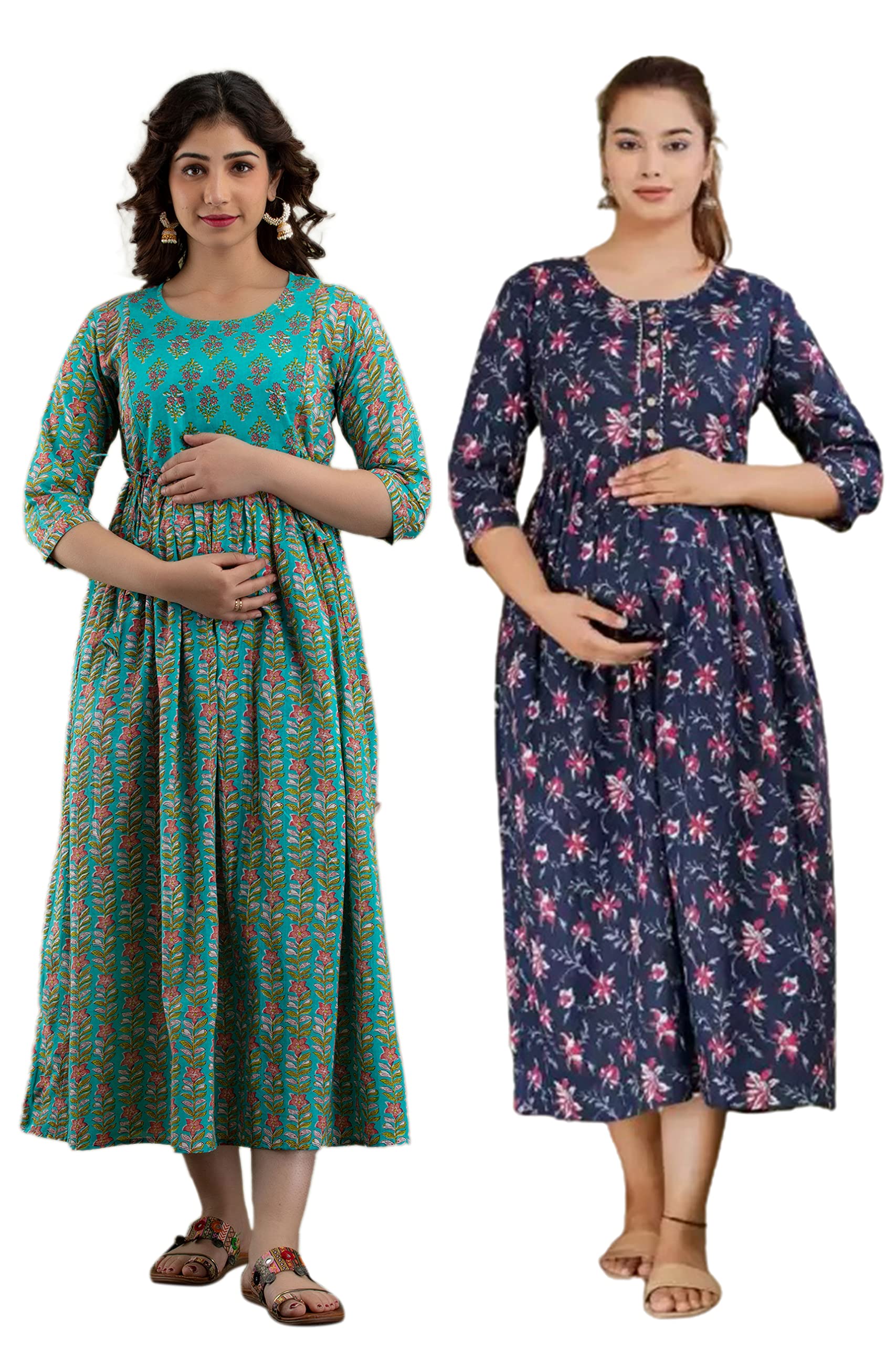 Gauri Women's Pure Cotton Maternity & Feeding Gown Combo | Comfortable Feeding Dresses for Women (Pack of 2)-picture-41