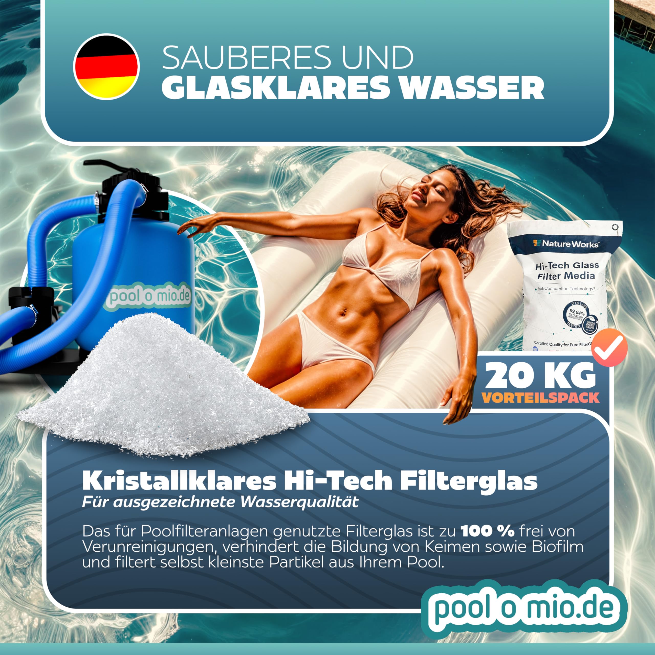 poolomio Nature Works Hi-Tech Filterglas (20 kg) für Pool-Sandfilteranlagen, aus naturreinem Glas, kristallweiß, umweltschonende Alternative zu Sand, Ø Körnung: 0,8 mm