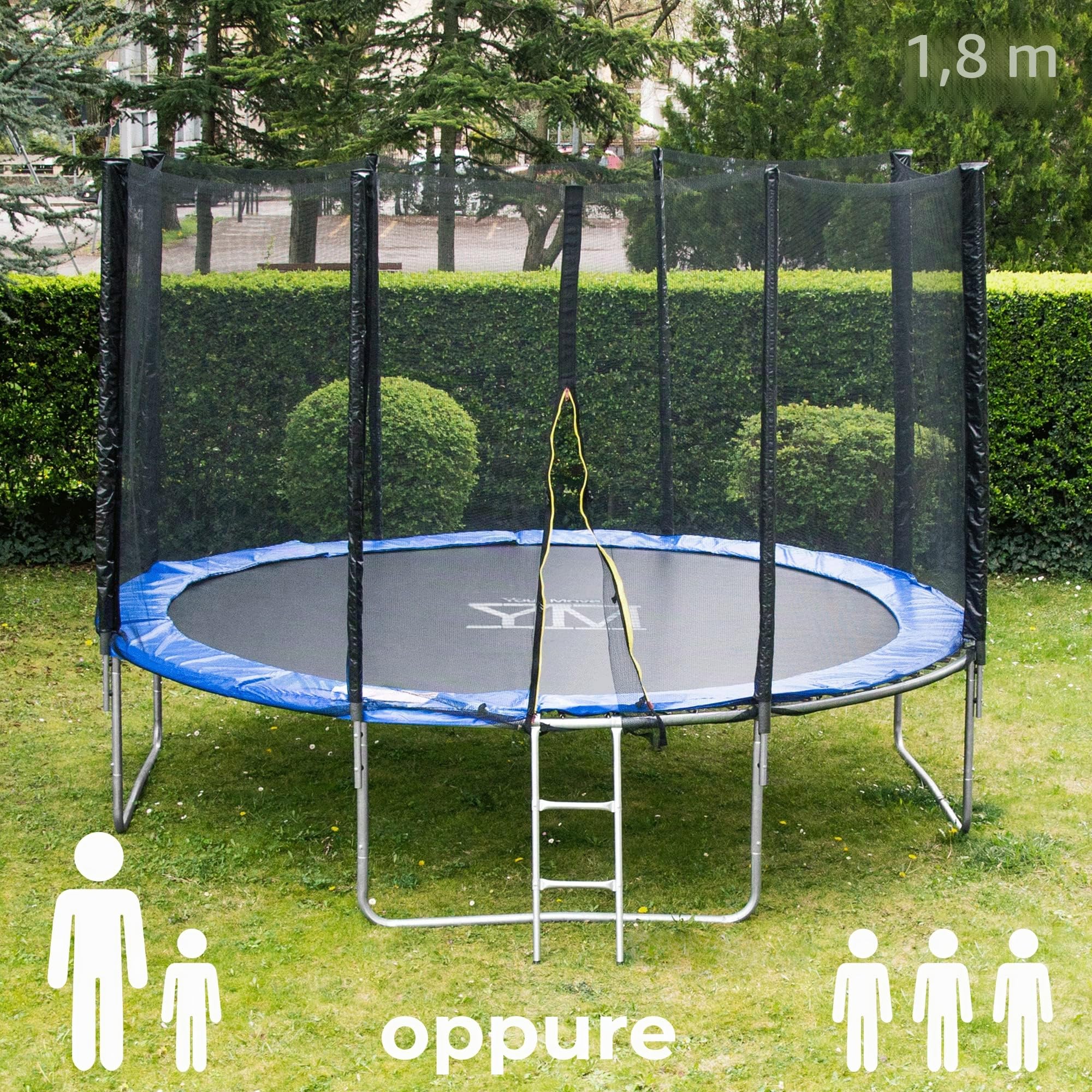 YM Trampolino Elastico per Bambini, Diametro 183/251/305/366, Kit Completo, per Giardino, Tappeto Sicuro con Protezione Bordi in Schiuma e Rete di Sicurezza, Tubi Telaio in Acciaio Zincato, Your Move
