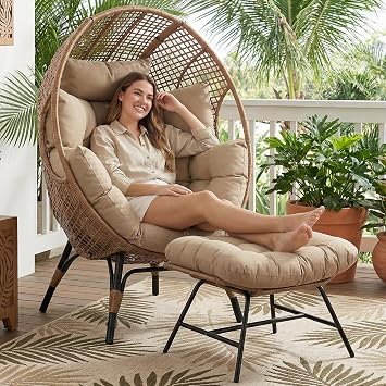 RADIATA Egg Chair with Footrest, Wicker Patio Lounger with Ottoman, Oversized Rattan Egg Shaped Chair with Leg for Indoor Outdoor Patio Balcony Garden Brown