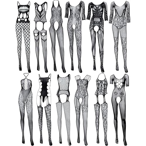 12 Pieces Women's Fishnet Lingerie Mesh Bodysuit Lace Smock Lingerie for Women