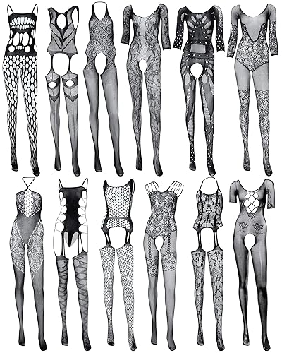 SATINIOR 12 Pieces Women's Fishnet Lingerie Mesh Bodysuit Lace Smock Lingerie for Women (Stylish Style) - Stylish Style