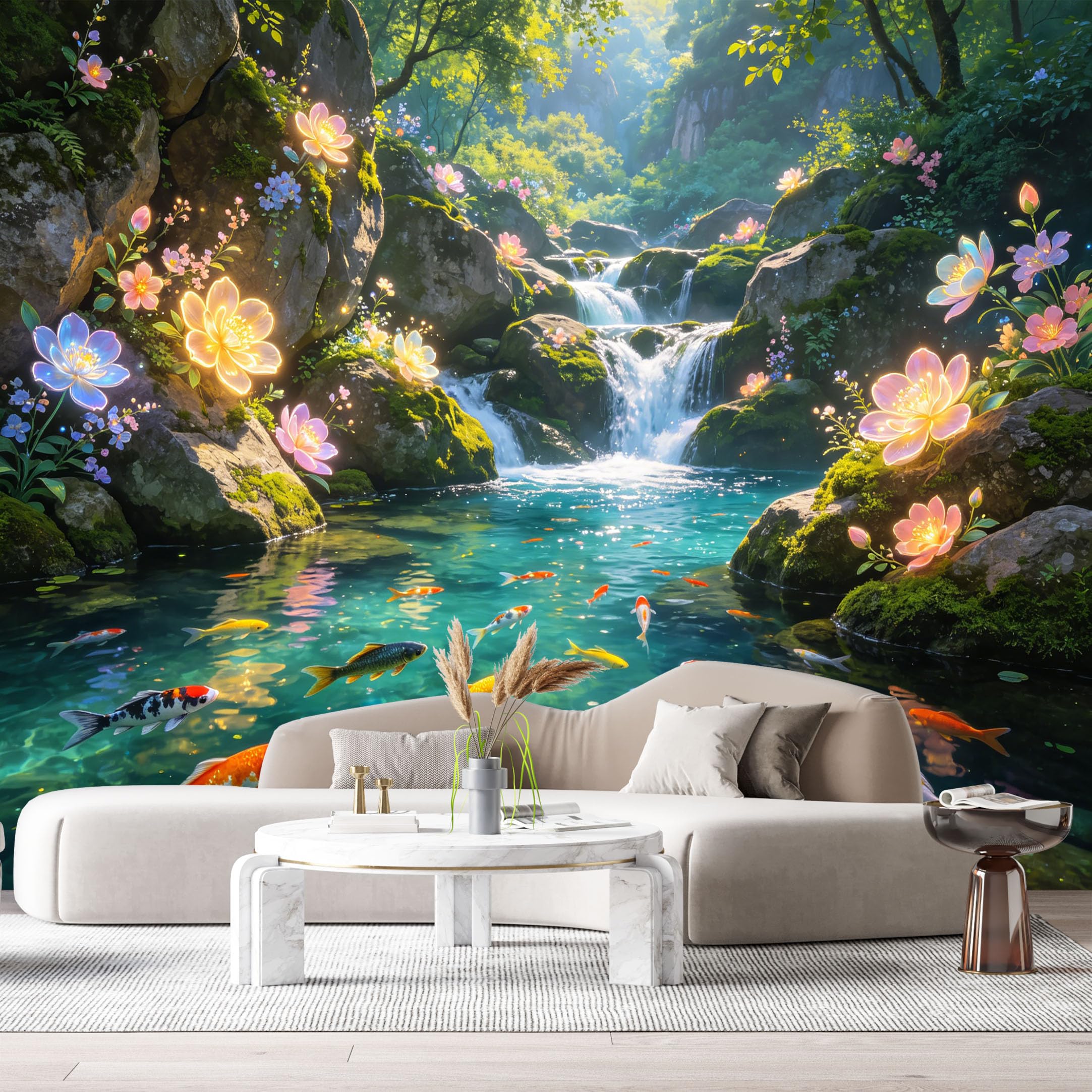 Custom Size Wall Murals Waterfall Pond Koi Fish Botanical Watercolor 3D SelfAdhesiveWall Fabric Removable Wallpaper Wall Decor for Living Room Bedroom Bathroom