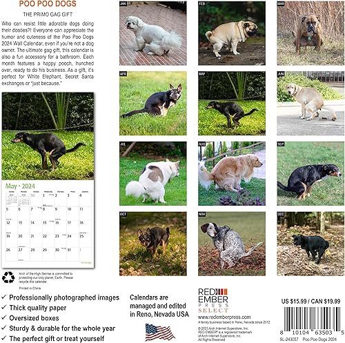 Miniatura 2 de Red Ember Select Series - Calendario de pared mensual colgante 2024 de Poo Poo Dogs  12 x 24 pulgadas abierto  Papel grueso y resistente  Regalar