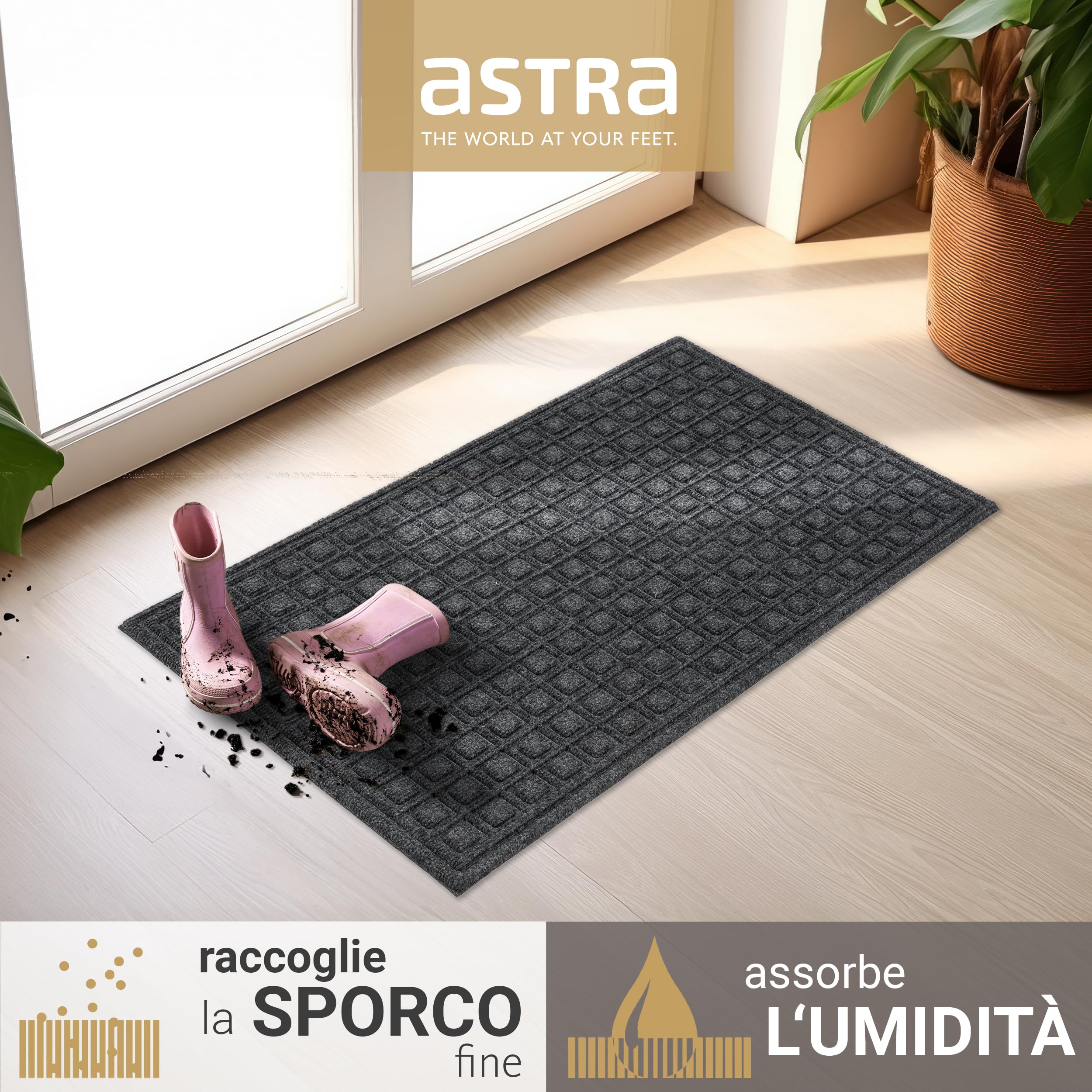 Astra Zerbino antiscivolo per esterni - Tappetino antipolvere resistente alle intemperie - Tappeto per porta d'ingresso antisporco - Set di 2 45 x 75 cm - box grigio