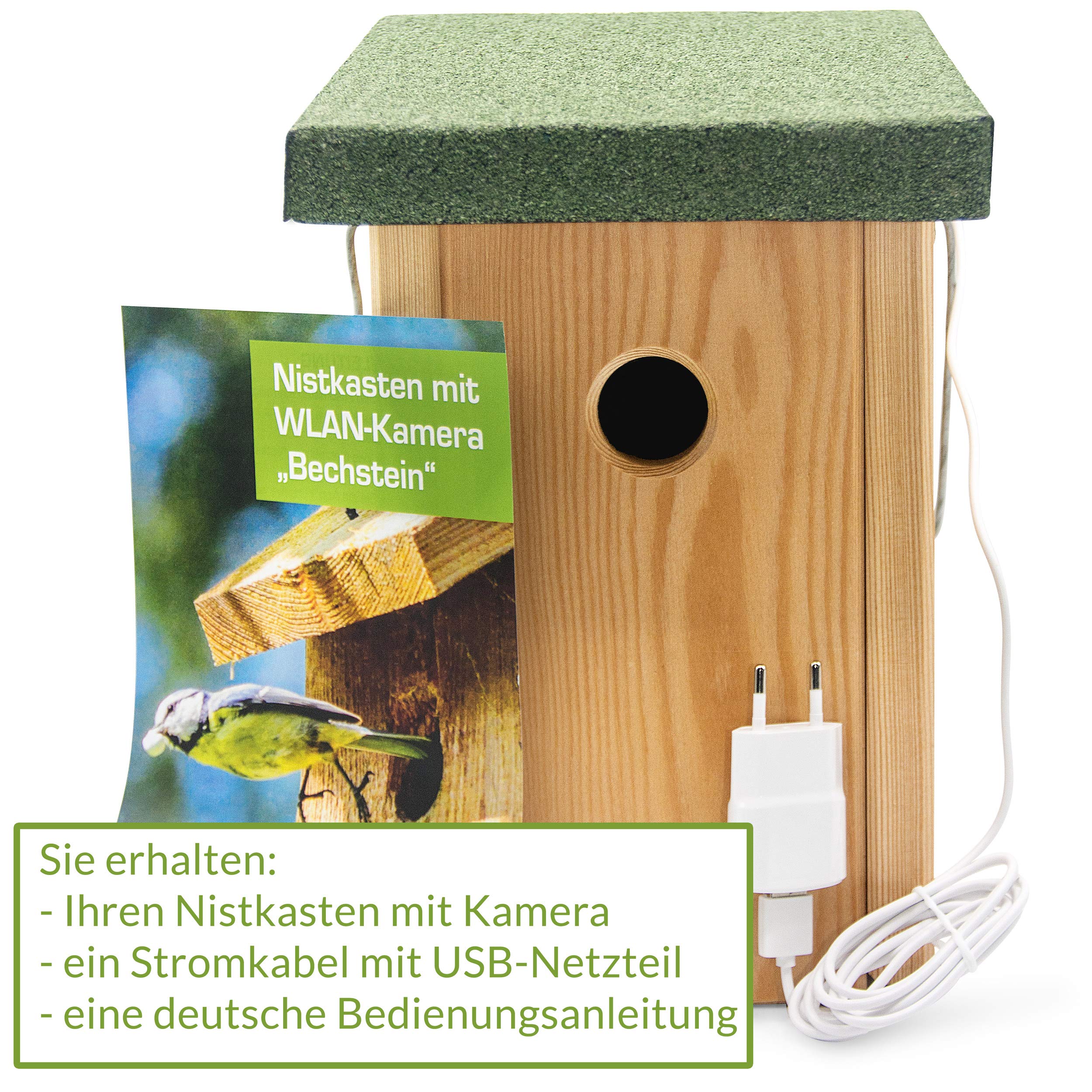 "Bechstein" domek dla ptaków z kamerą – drewniana budka lęgowa z kamerą Wi-Fi do zawieszenia – rozdzielczość Full HD, funkcja noktowizyjna, mikrofon, nagrywanie – dostęp za pomocą