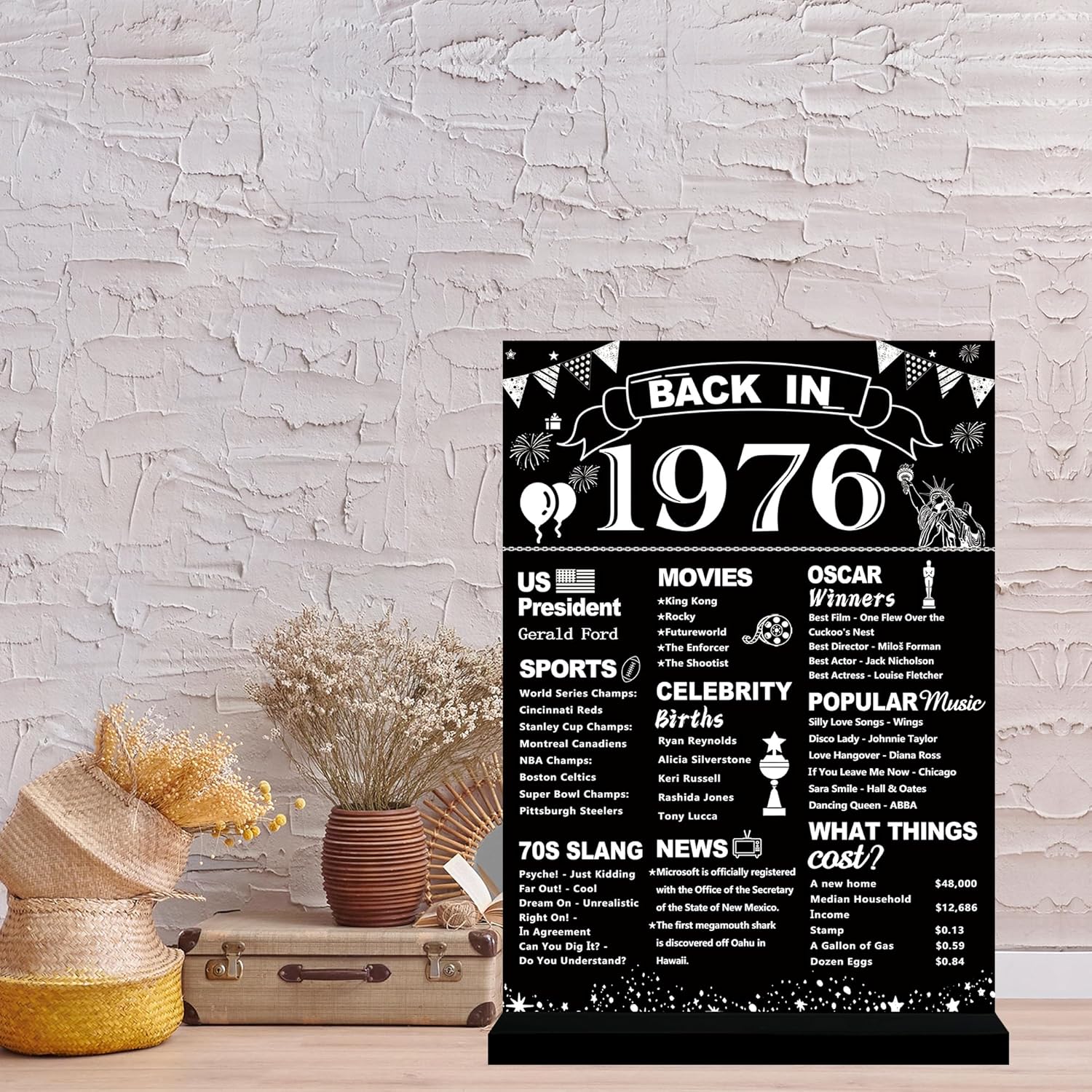 DARUNAXY 50th Birthday Party Decorations, Black Back in 1976 Poster Acrylic Sign with Stand 50 Year Old Party Supplies for Men& Women Vintage 1976 Table Decor 50th Anniversary Class Reunion Gifts - Image 2