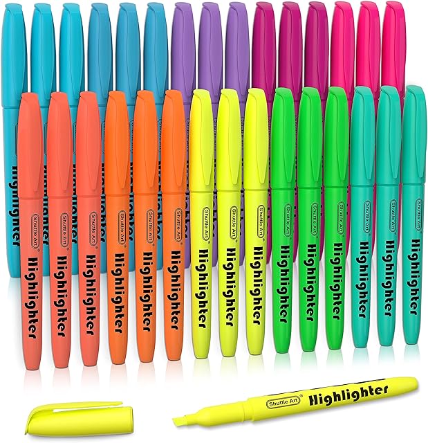 Shuttle Art Highlighters, 30 Pack Highlighters Assorted Colours, 10 Colours Chisel Tip Dry-Quickly Non-Toxic Highlighter markers for Adults Kids Highlighting in the Home School Office