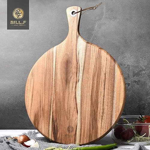 Miniatura 7 de BILLF - Pizza de madera de acacia tabla de cortar de 12 pulgadas tabla de remo de queso plato de pan y galletas para servir y preparar alimentos