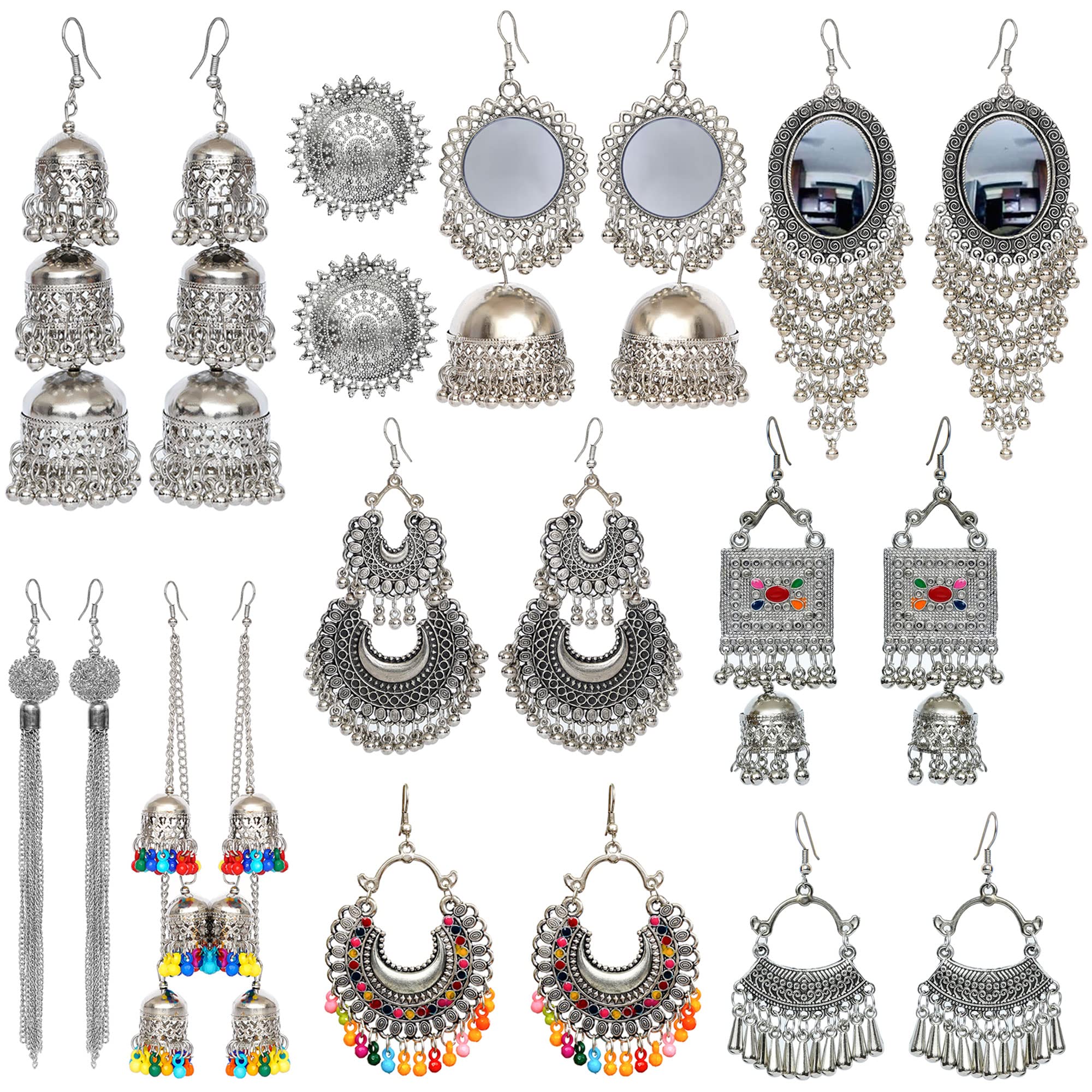 Yotog Biggest Combo Of 10 Pair Afghani Jhumka Earrings, Brass Big Silver Jhumka, Long tassel, Big Stud, Double Chandbali For Girl And Women. (B09NSQ2P68) Amazon Price History, Amazon Price Tracker