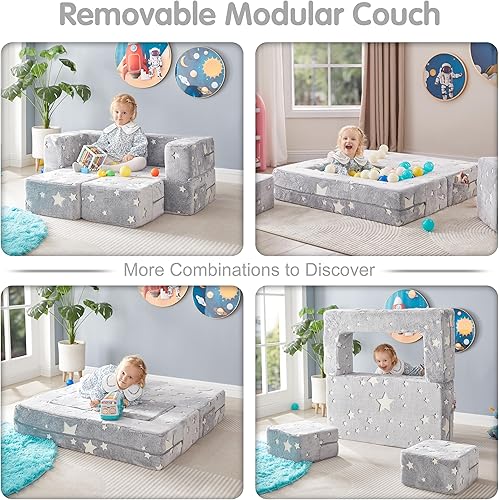 Miniatura 3 de crkmire Sofá de juegos para niños, sofá modular con patrones de estrellas que brilla en la oscuridad, espuma de juego plegable para bebé convertible