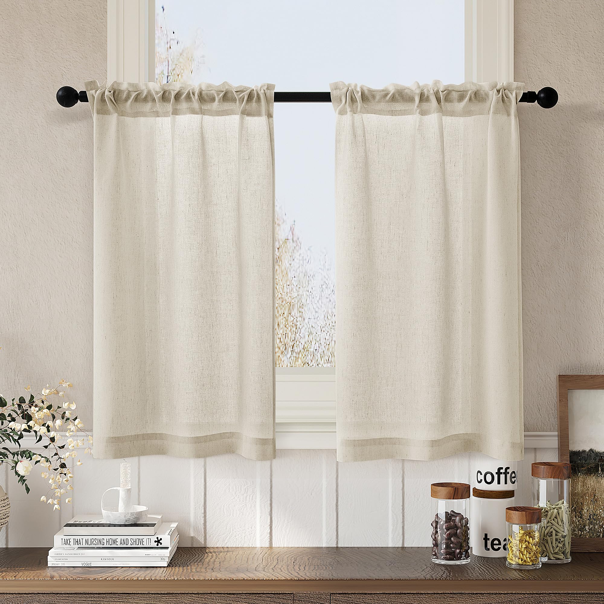 CUTEWIND Beige Linen Blend Textured Sheer Kitchen Tier Curtains 45 Inches L : CUTEWIND Cream Linen Cafe Curtains 24 inch Length 2