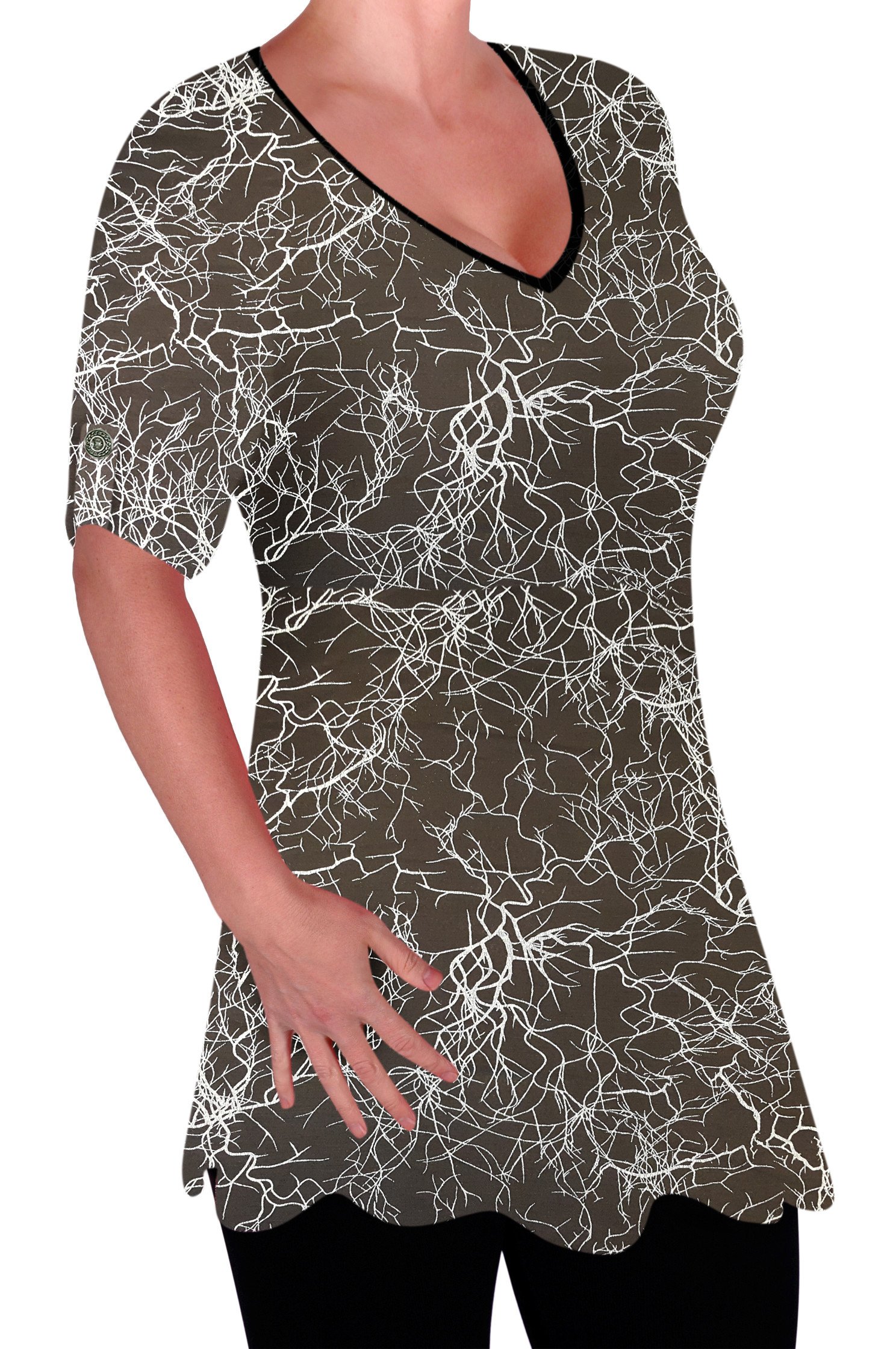 Eye Catch Women's Squiggle Brown ’S V Neck Tunic Top – Flattering A Line Fit, 3/4 Roll Tab Sleeves, Longline Smart Casual Blouse With Abstract & Tie Dye Prints