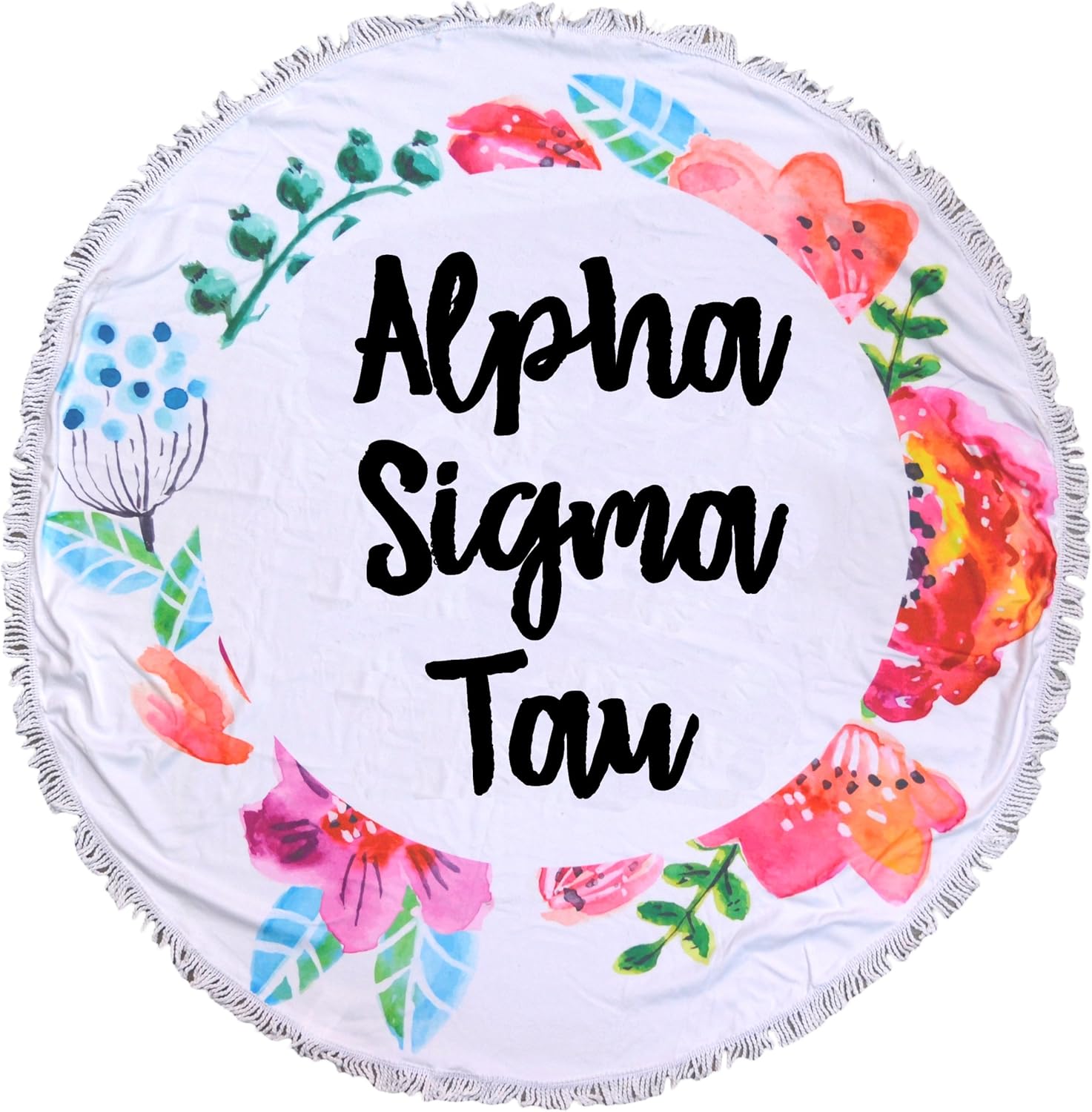 Sorority Shop Alpha Sigma Tau Floral Design Round Beach Towel with Fringes - 60", Round Beach Blanket, Soft Microfiber, Lightweight and Durable AST Beach Towel Blanket, Water Absorption, Quick Dry
