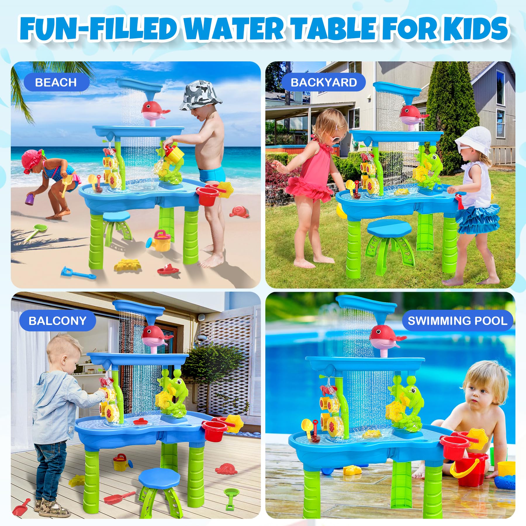 Water Table for Toddlers 3-5, 3-Tier Kids Splash Sand Table Water Toys, Rain Showers Splash Pond for Outdoor Beach Backyard Summer, Activity Play Table for Girls Boys
