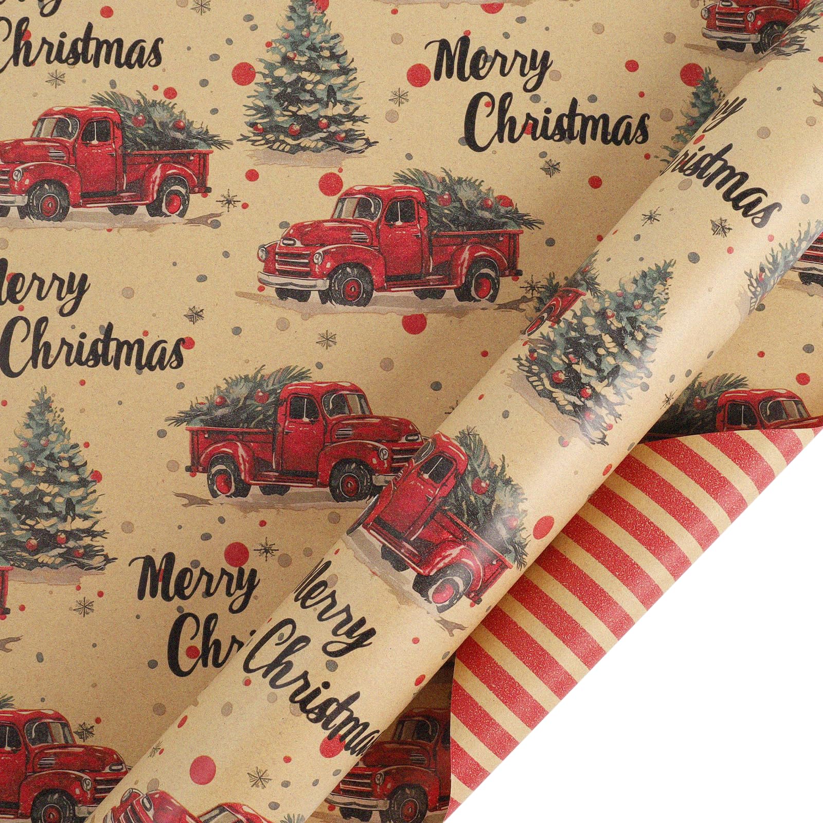 BIOBROWN Christmas Truck Kraft Wrapping Paper Roll, 43cm x 10m