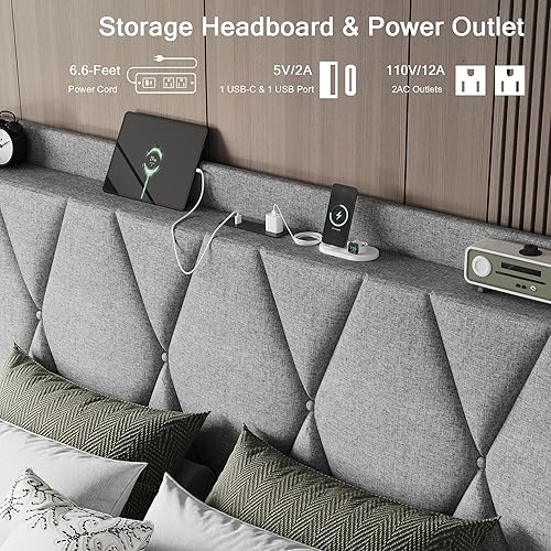 Vista 4 de Estructura de cama tamaño completo con 4 cajones de almacenamiento y estación de carga, estructura de cama plataforma tapizada con cabecera de Gris