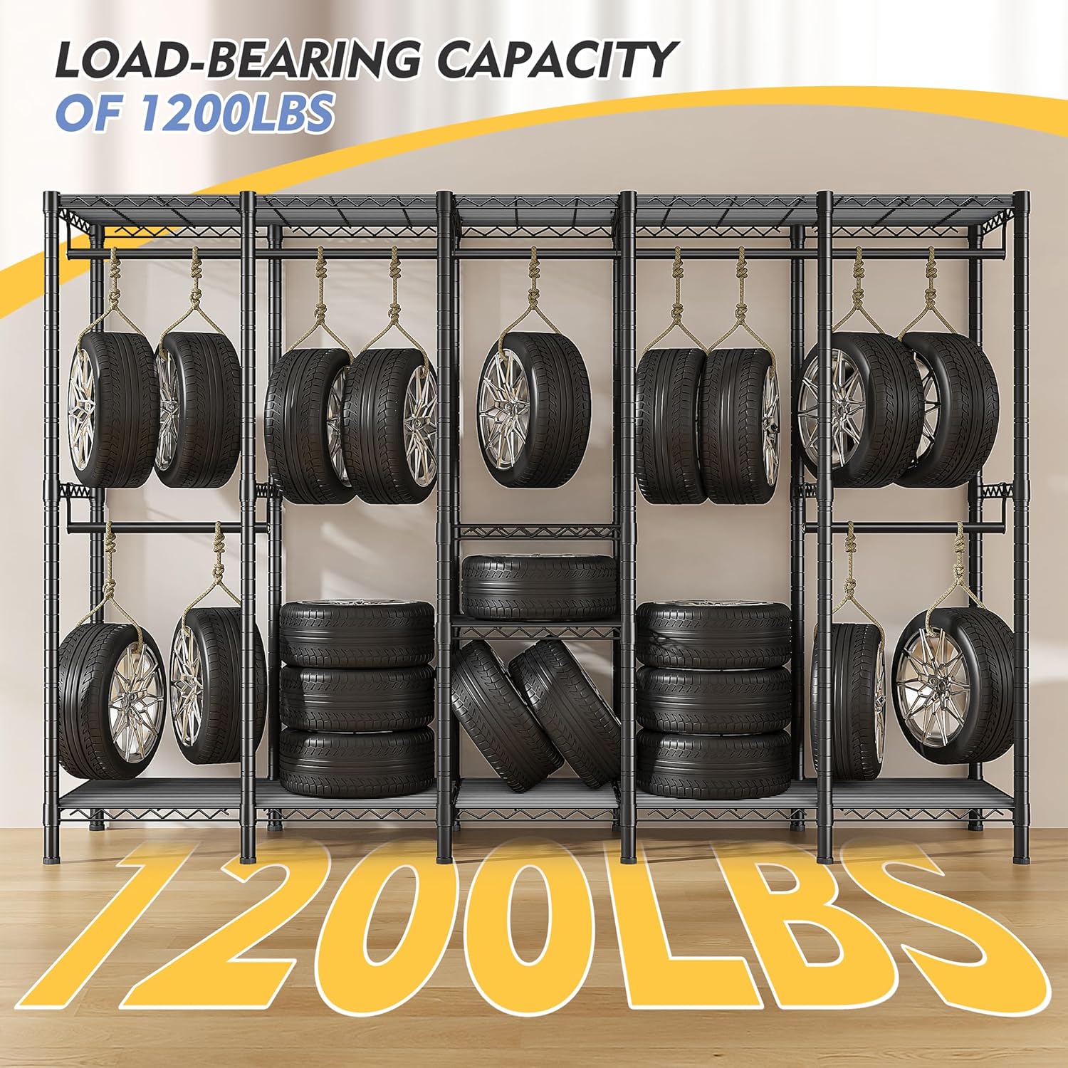 Image illustrating the 1200 lbs load-bearing capacity of the Raybee clothes rack, with tires hanging and stacked on shelves.
