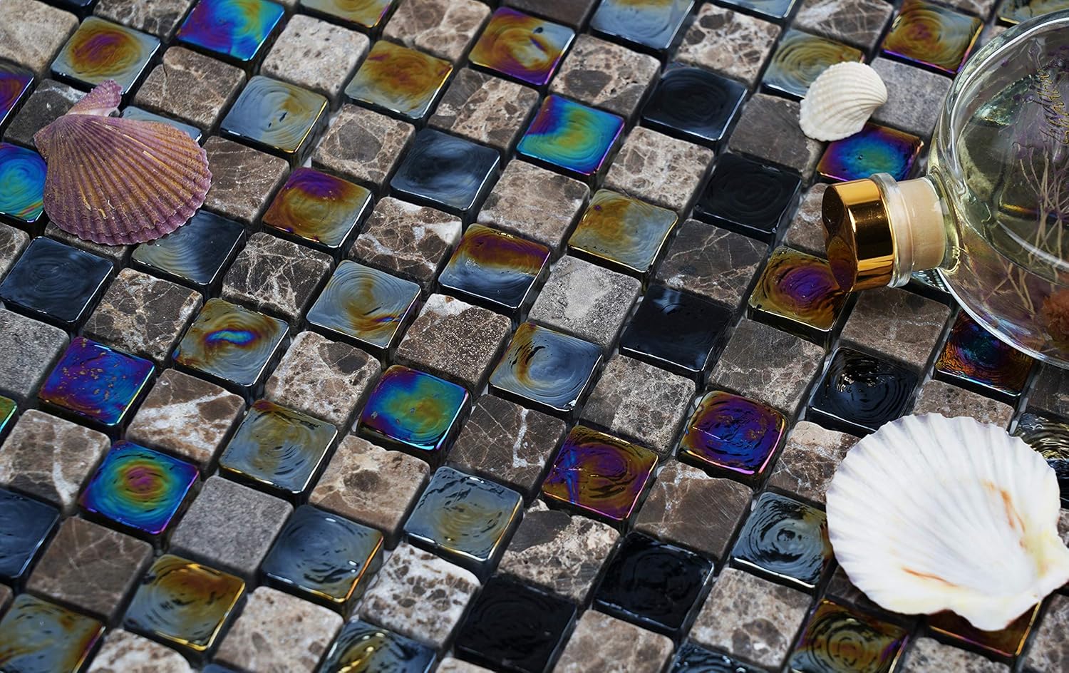 Glass and Stone Mosaic Tile for Kitchen Backsplash, Bathroom Shower Wall, Etc, Mini Teseo Collection, Mixed Squares, 12"X12"X5/16 (GM 6204 - Topaz, Set of 5 Sheets)