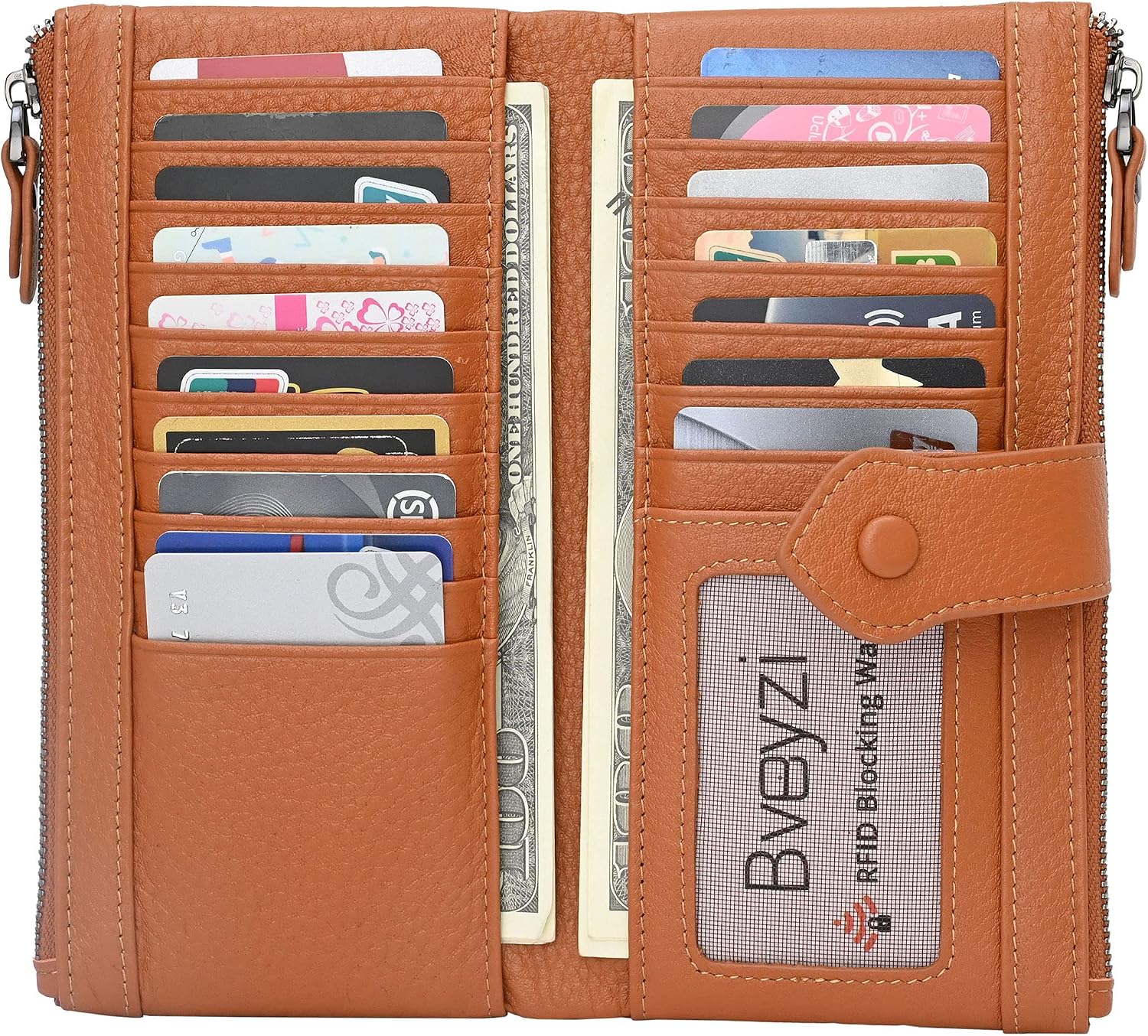 Bveyzi Women Soft Leather RFID Blocking Bifold Slim Wallets Ladies Credit Card Holder Double Zipper Pocket