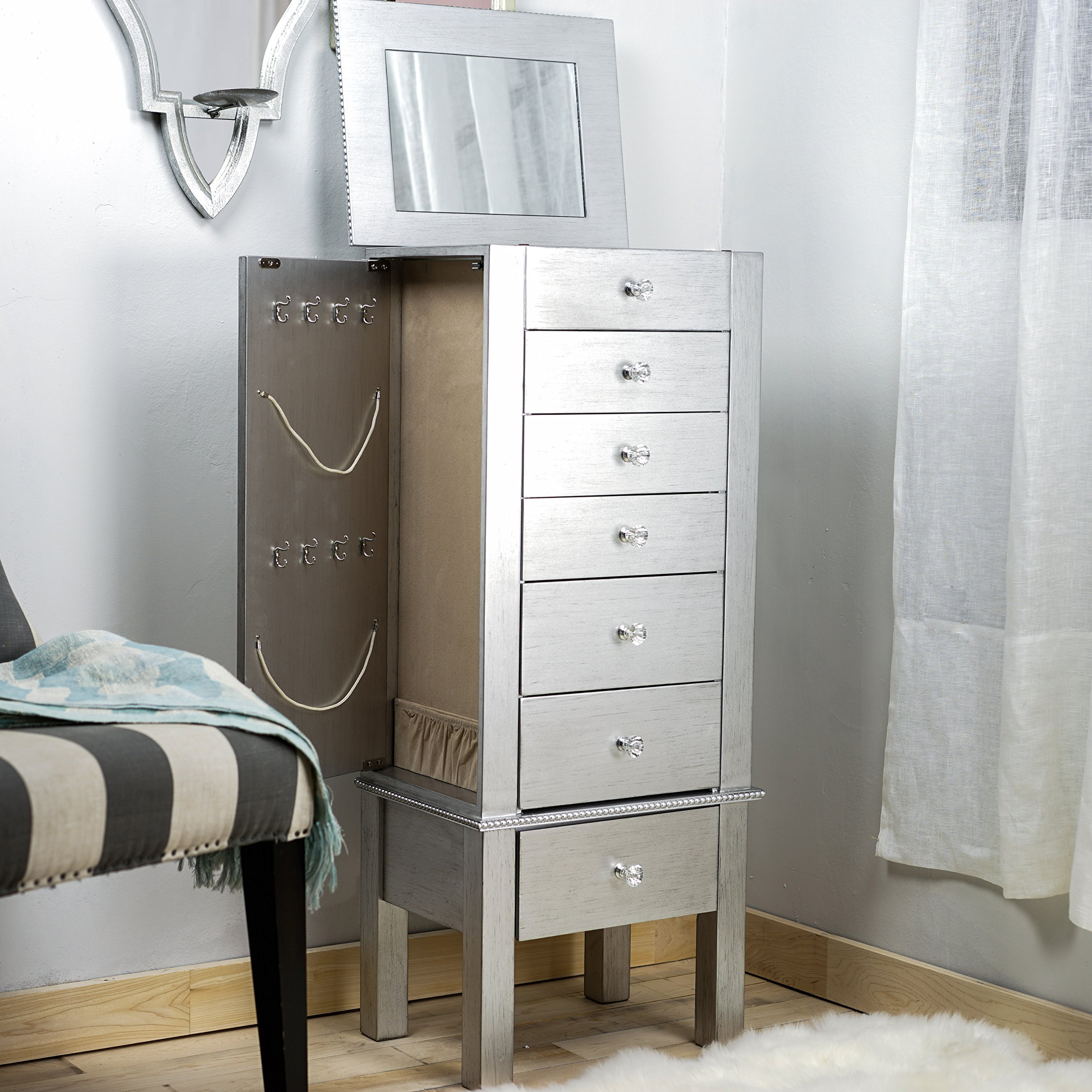 Alveare HomeAlveare Home Helena Standing Jewelry Armoire – Elegant Storage with 6 Drawers, Jewel Knobs, Mirror, Ring Rolls, Necklace Hooks & Cord Management – Silver Finish
