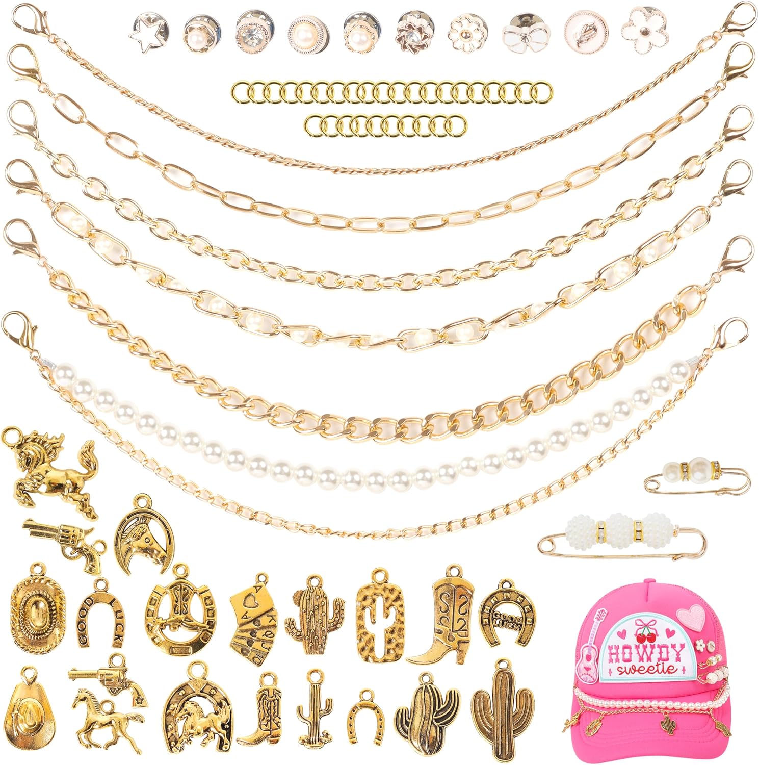 Meneng Cowgirl Hat Accessories Kit: 36PCS Western Trucket Hat Chains Bill Decoration for Women - Bling Metal Detachable Chains Bulk for Mesh Baseball Cap - Image 7