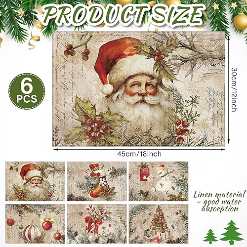 Miniatura 9 de Hushee 6 manteles individuales de Navidad de 12 x 18 pulgadas, lavables, resistentes al calor, manteles individuales de Navidad, retro, con
