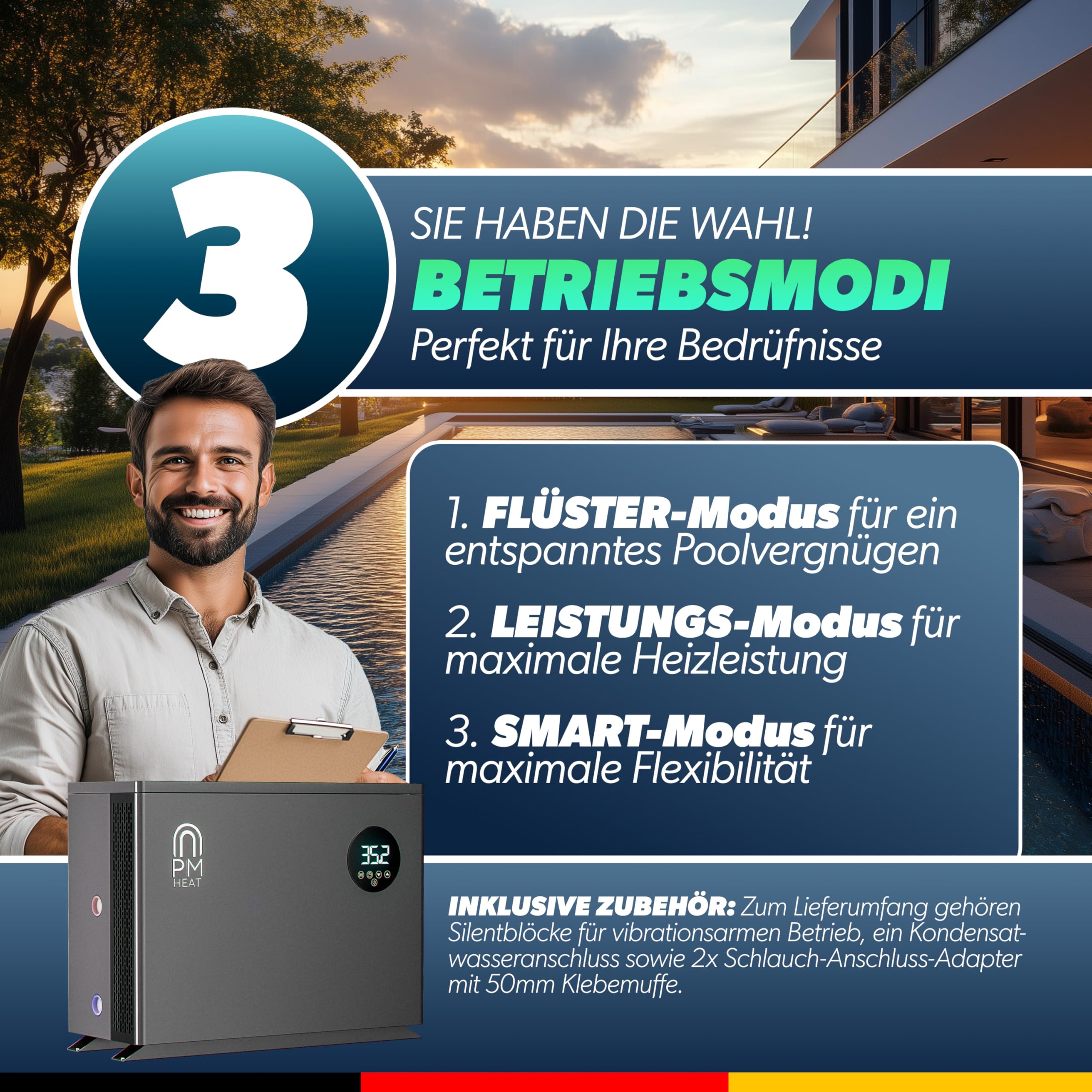 poolomio® Wärmepumpe Pool 20 bis 55m³ | Effiziente Full Inverter Wärmepumpe Invermo 9,5 kW mit Smarter App-Steuerung | Ultra leise Poolheizung mit Smarter App-Steuerung (9.500 Watt, COP 15)