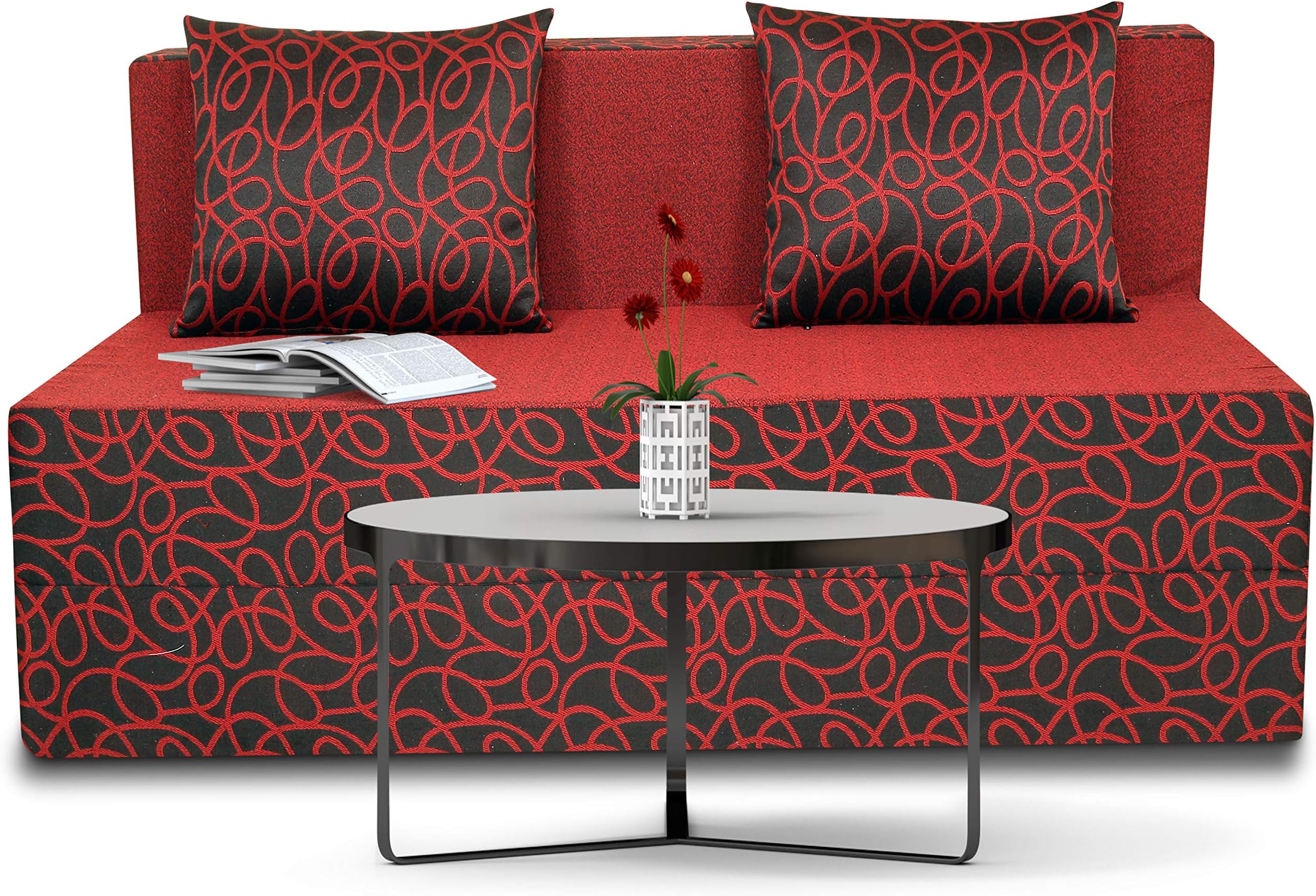 Adorn India Easy Two Seater Sofa Cum Bed Poly Cotton (Maroon and Black)  (4 x 6)