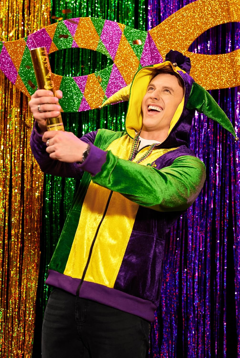 Arvilhill Costume Mens Mardi Gras Jester Costume Beads Funny Hoodie with Pockets (M-XXL)