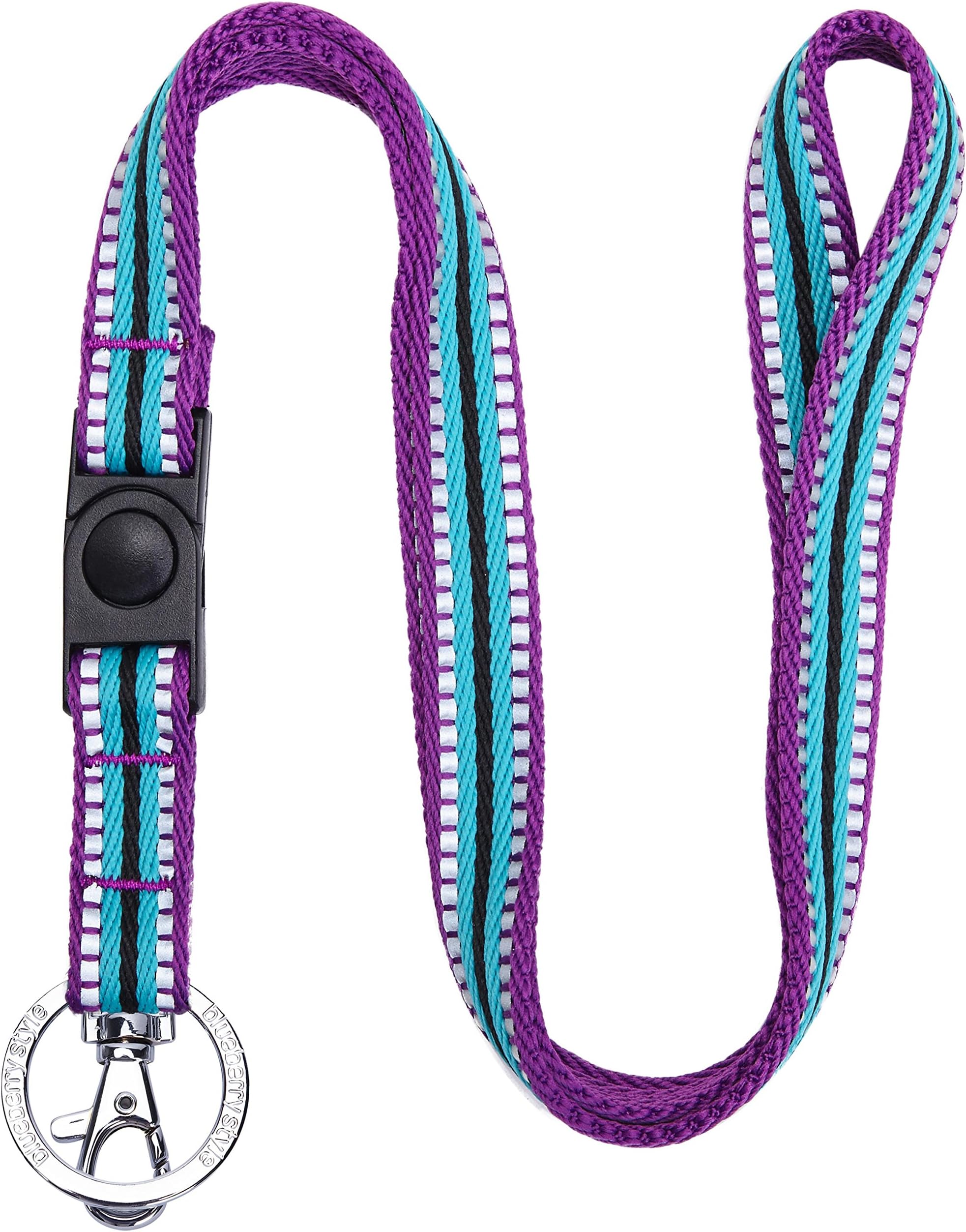 Blueberry Pet 3M Reflective Multi-Colored Stripe Violet and River Blue Men Women Fashion Non Breakaway Lanyard Keychain for Keys/ID Card/Badge Holder, 3/4" Wide