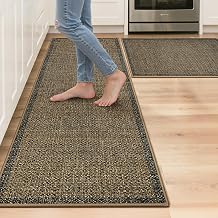 GENIMO Kitchen Rugs Non Slip Washable, Absorbent Kitchen Mats for Floor, Cushioned Comfort Standing Kitchen Runner Rug for Sink, Office, Laundry, Entryway, Home, 17.3"x59"+17.3"x30", Brown Border