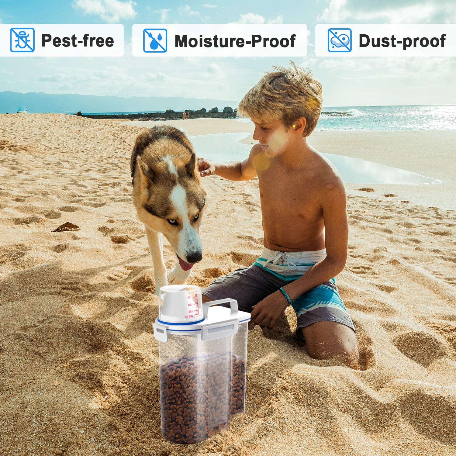 TBMax Contenitore crocchette per cane per cagnolino e gattino - 2 L contenitori plastica per alimenti per Animali con Misurino