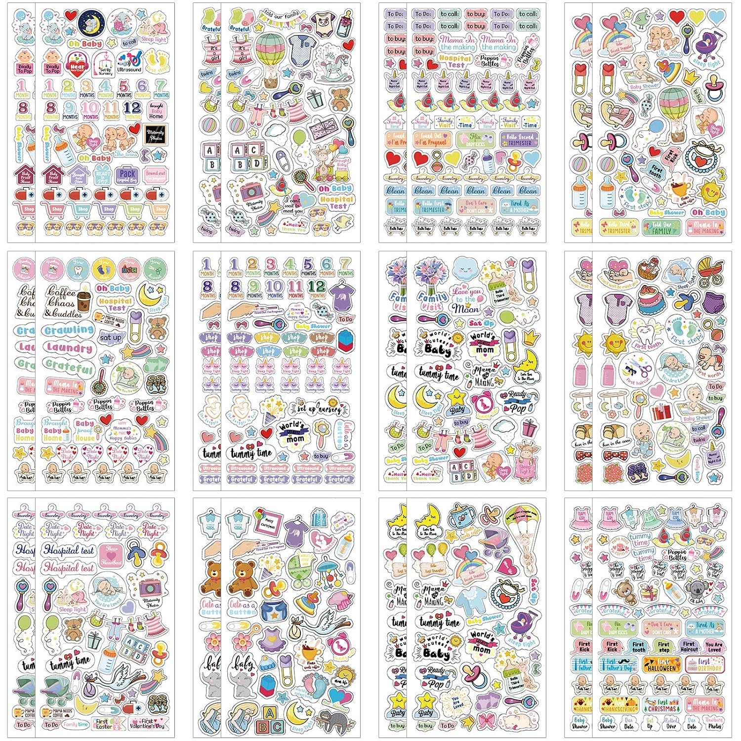 Kisston 24 Sheets Baby Scrapbook Stickers 1000+ New Pregnancy Planner Sticker Baby Calendar First Year Decal Maternity Newborn Themed Decal for Christmas Decorating