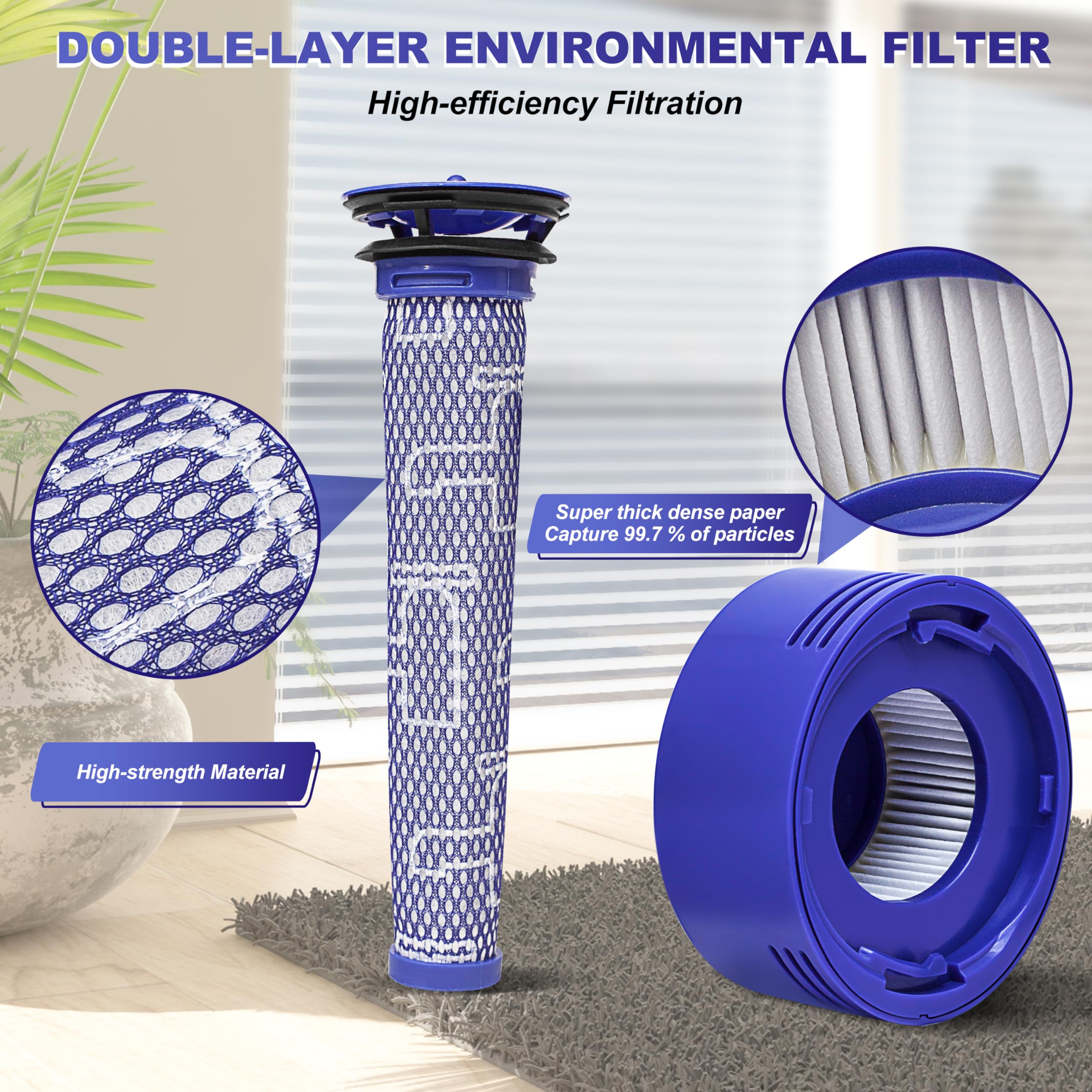 2 Pre-Filters and 2 Post-Filters Replacement Kit for Dyson V7, V8 Animal and V8 Absolute Cordless Vacuum, Replaces Part # 965661-01 & 967478-01 - 4 Filters with 1 Brush