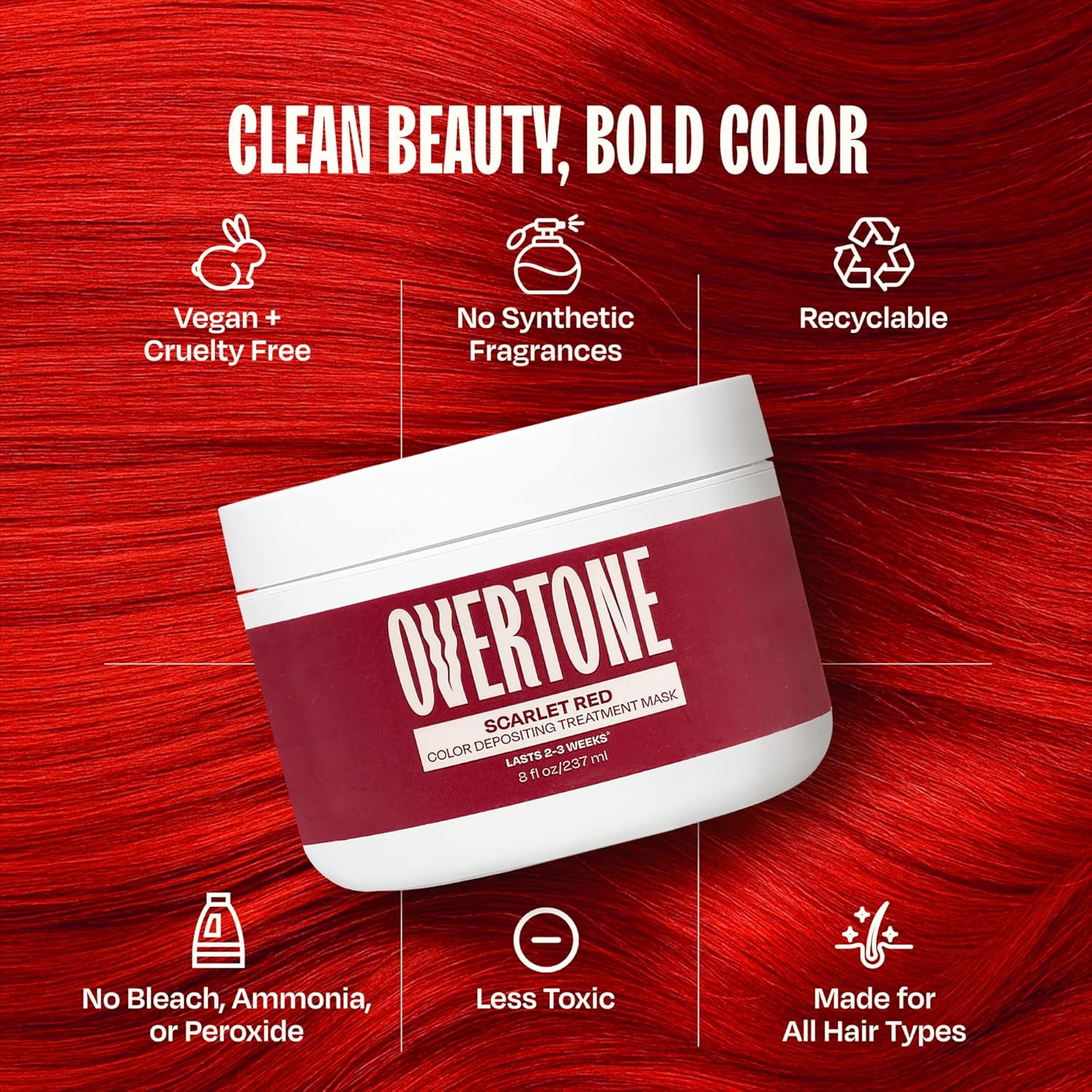 Overtone Semi Permanent Hair Color Conditioner, Scarlet Red, 8 oz, Nourishing, Damage-Free, Color Depositing Mask for All Hair Types with Shea Butter & Coconut Oil, Vegan & Cruelty-Free - Image 6